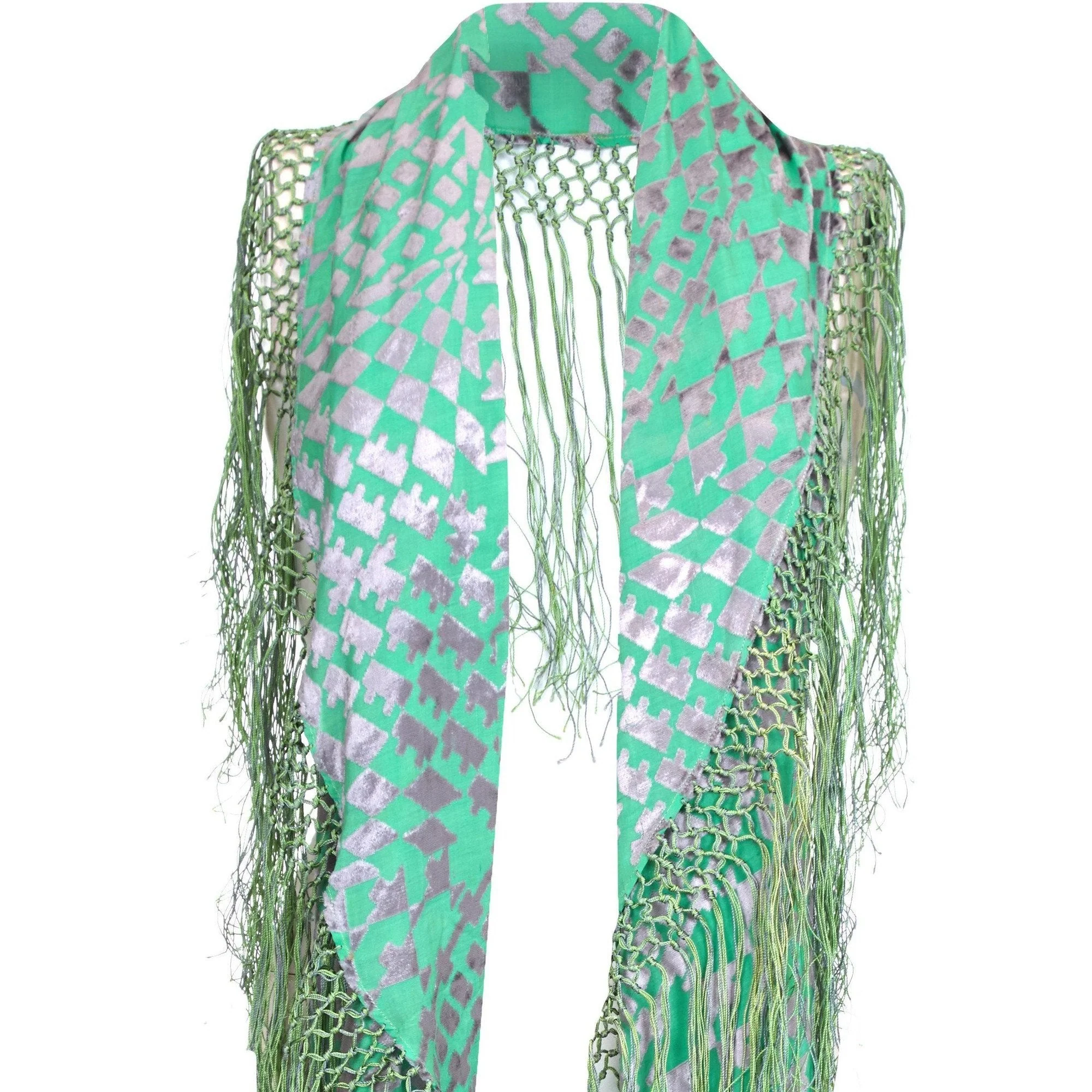 1920s Green and Silver Burn Out Velvet Shawl - Image 3