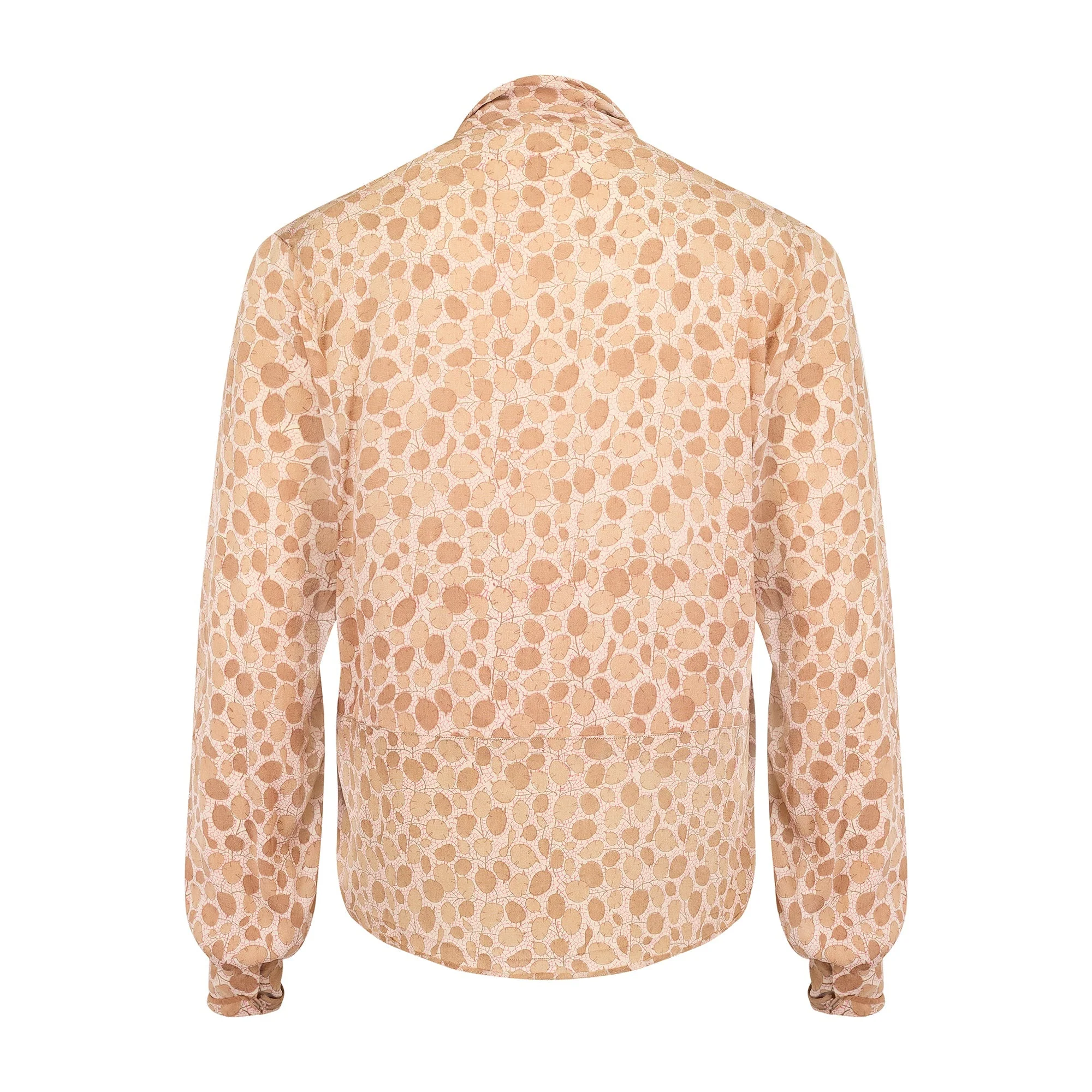 1920s Pale Brown Leaf Print Silk Blouse with Tie-Neck - Image 18