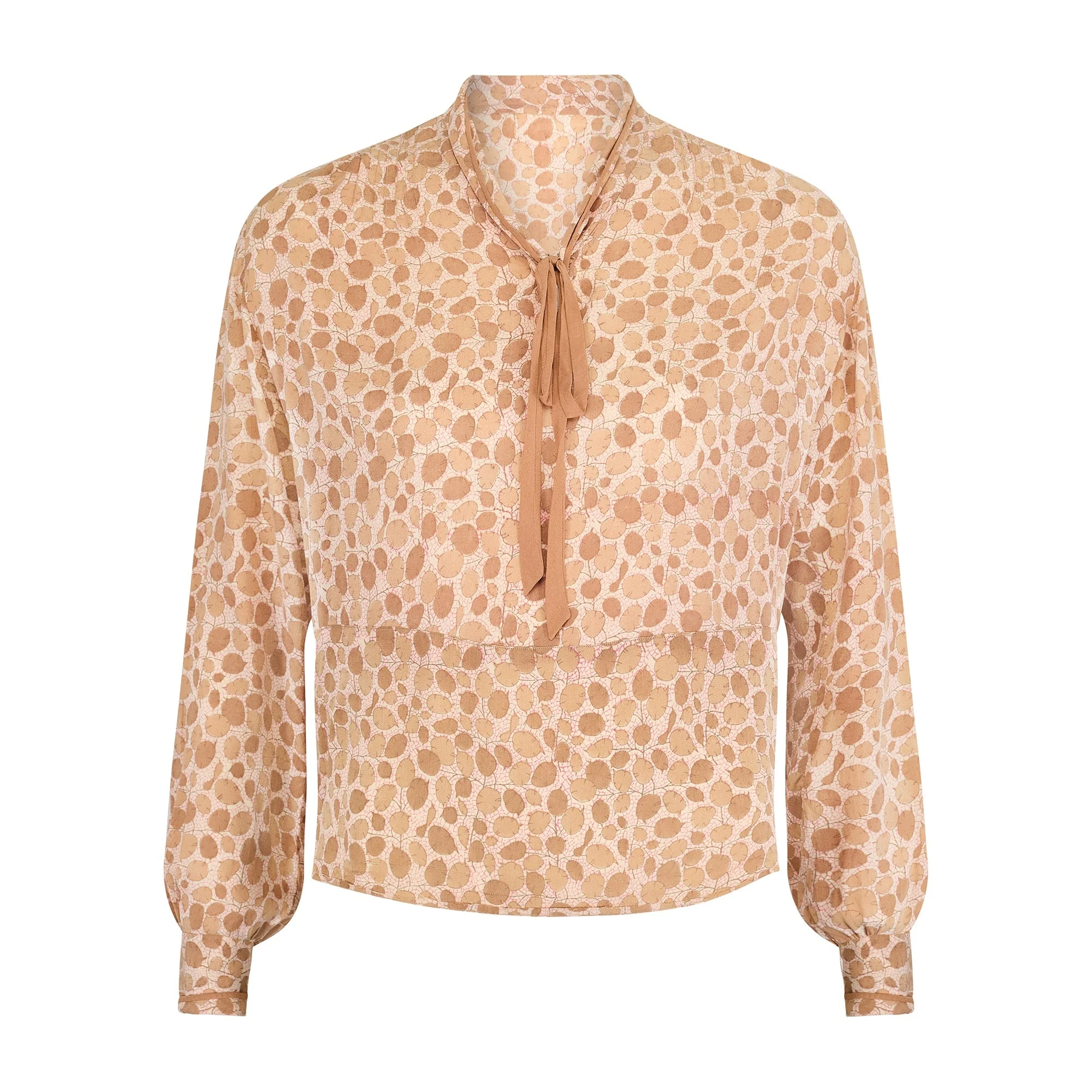 1920s Pale Brown Leaf Print Silk Blouse with Tie-Neck - Image 9