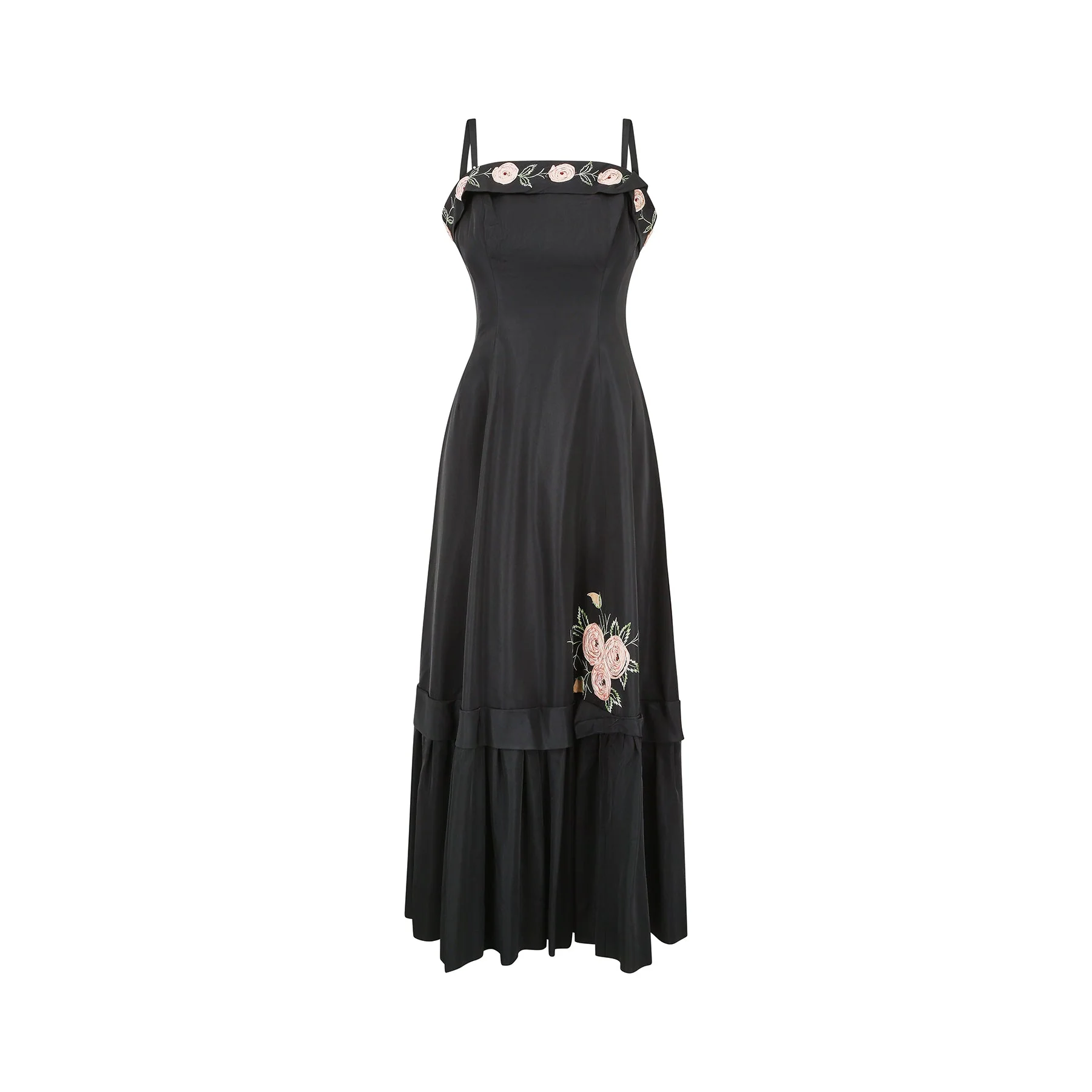 1950s Blanes Black Taffeta Rose Applique Dress - Image 26
