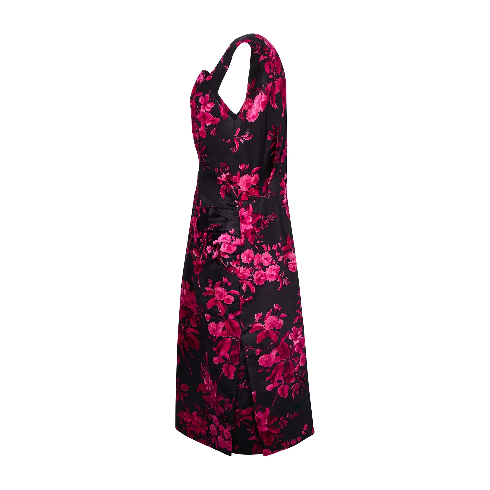1950s Norman Hartnell Couture Black Silk and Pink Floral Print Dress - Image 17