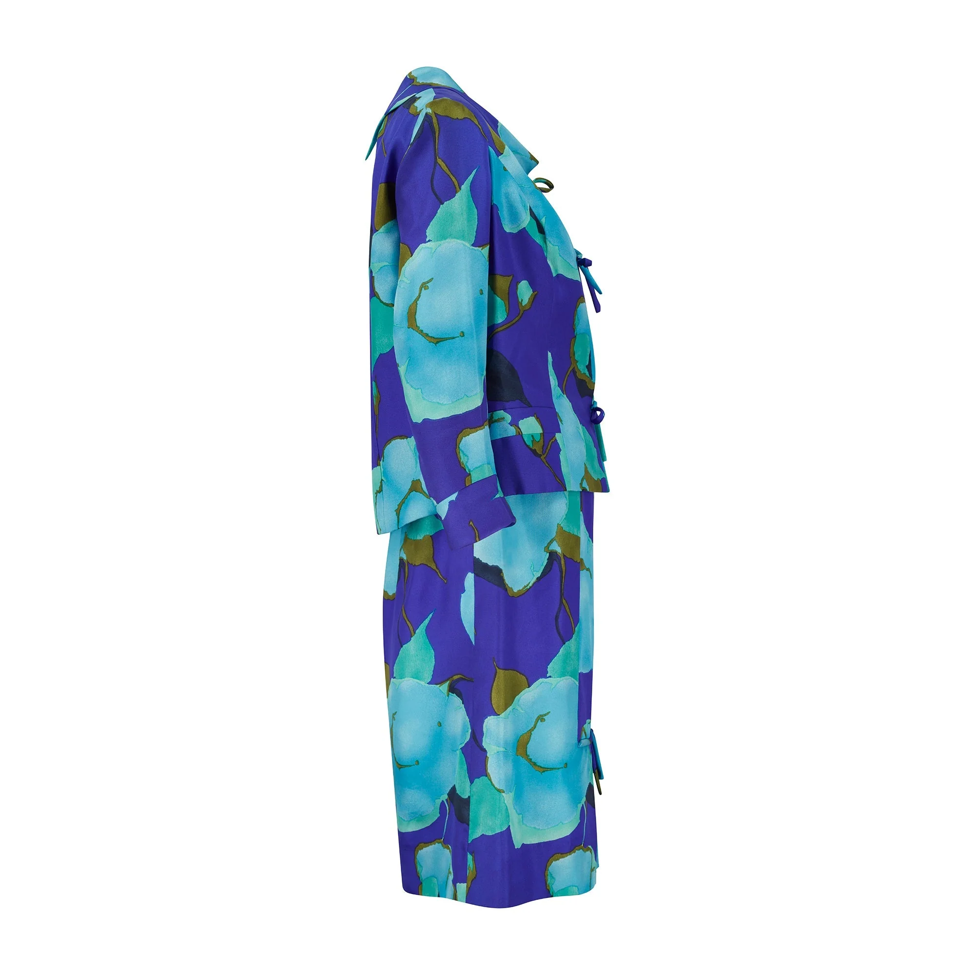 1960s Brunot Soeurs Purple Aqua Floral Dress with Jacket - Image 2