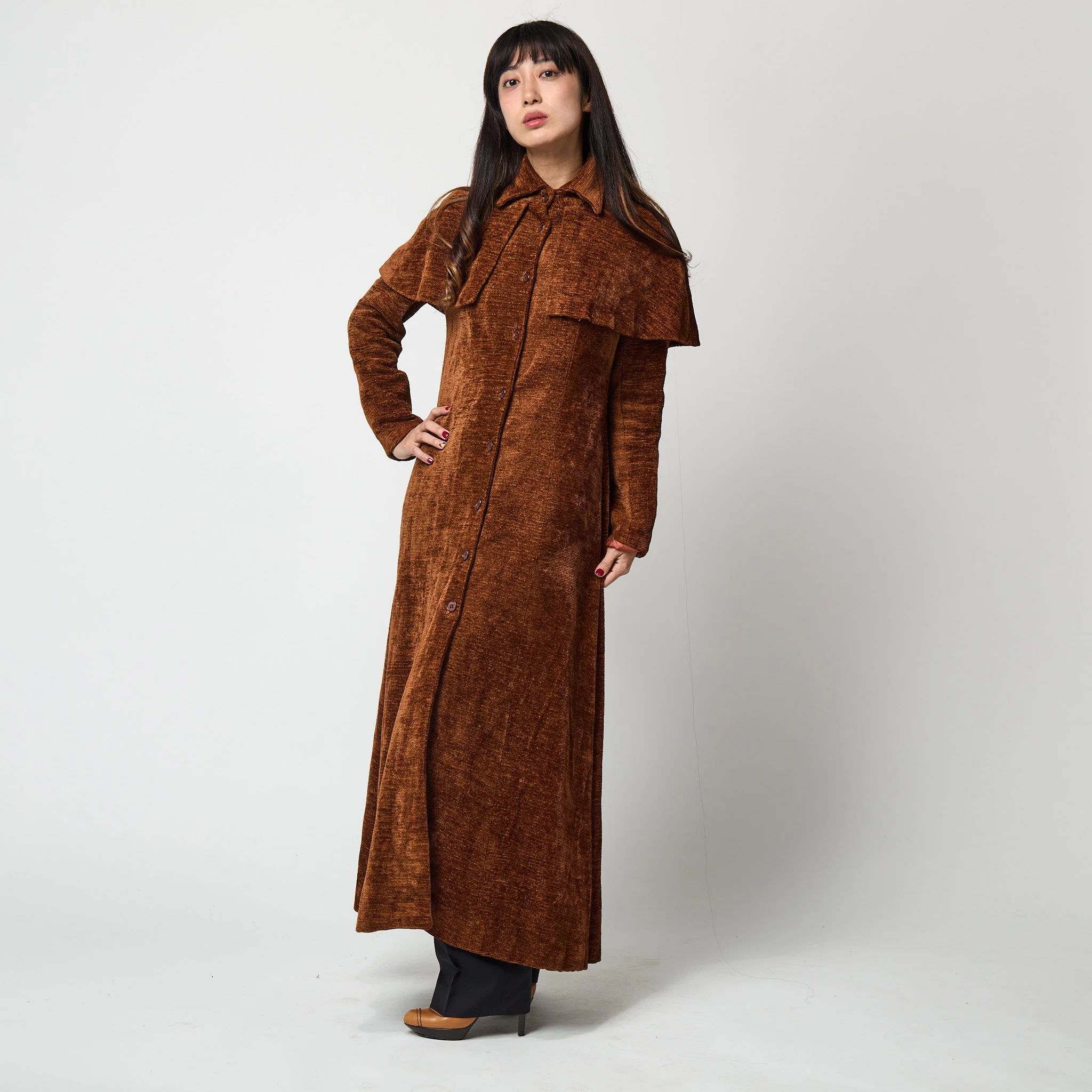 1960s Clobber Brown Chenille Highwayman Long Coat - Image 12