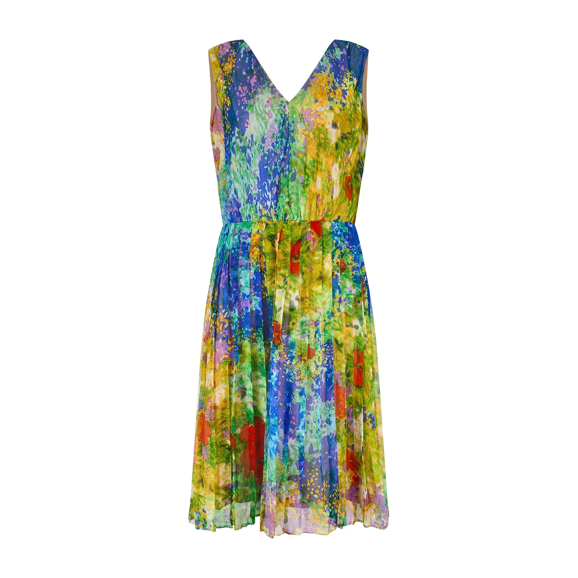 1960s Rainbow Watercolour Silk Floral Dress with Pleated Skirt