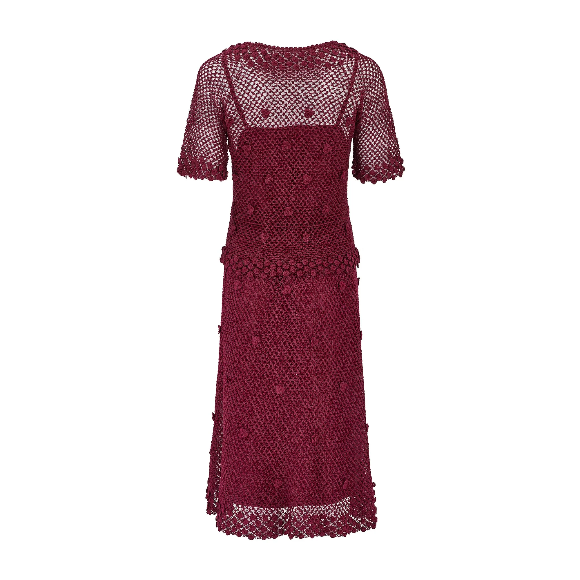 1970s Burgundy Crochet Short Sleeve Top and A-Line Skirt - Image 3