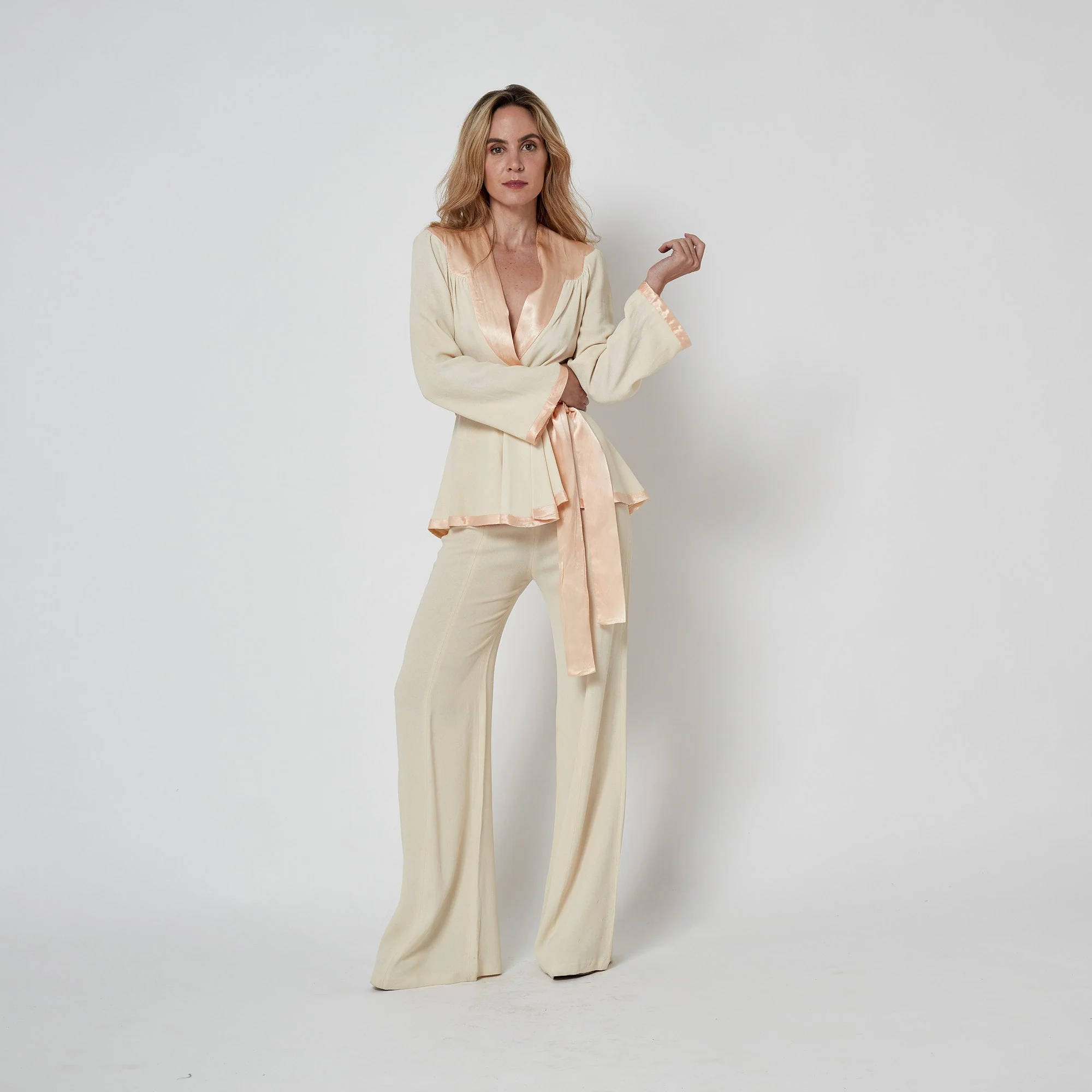 1970s Documented Ossie Clark Cream Crepe and Pink Satin Trouser Suit - Image 8