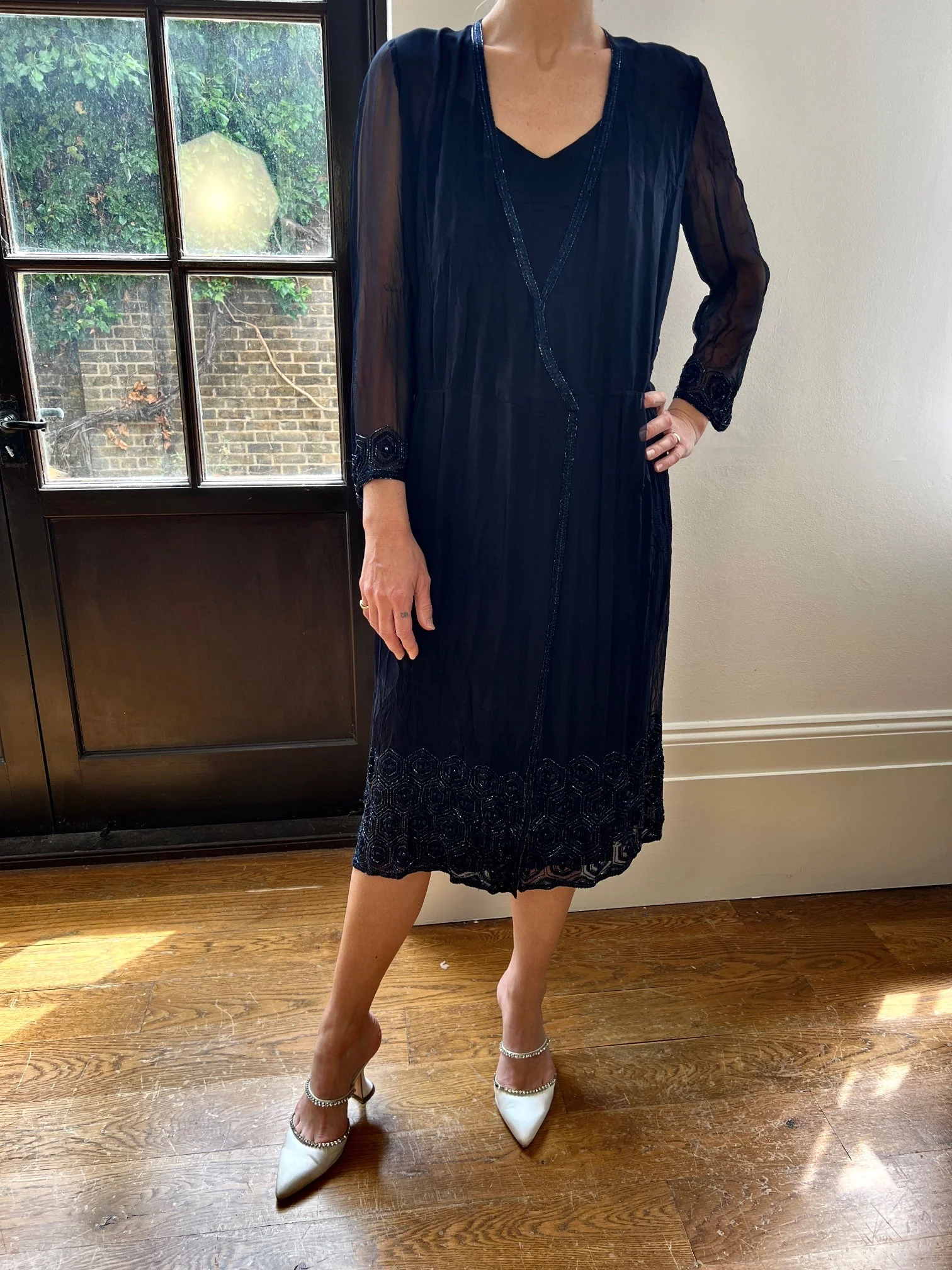 1970s Haute Couture Navy Silk Slip Dress and Beaded Jacket - Image 11