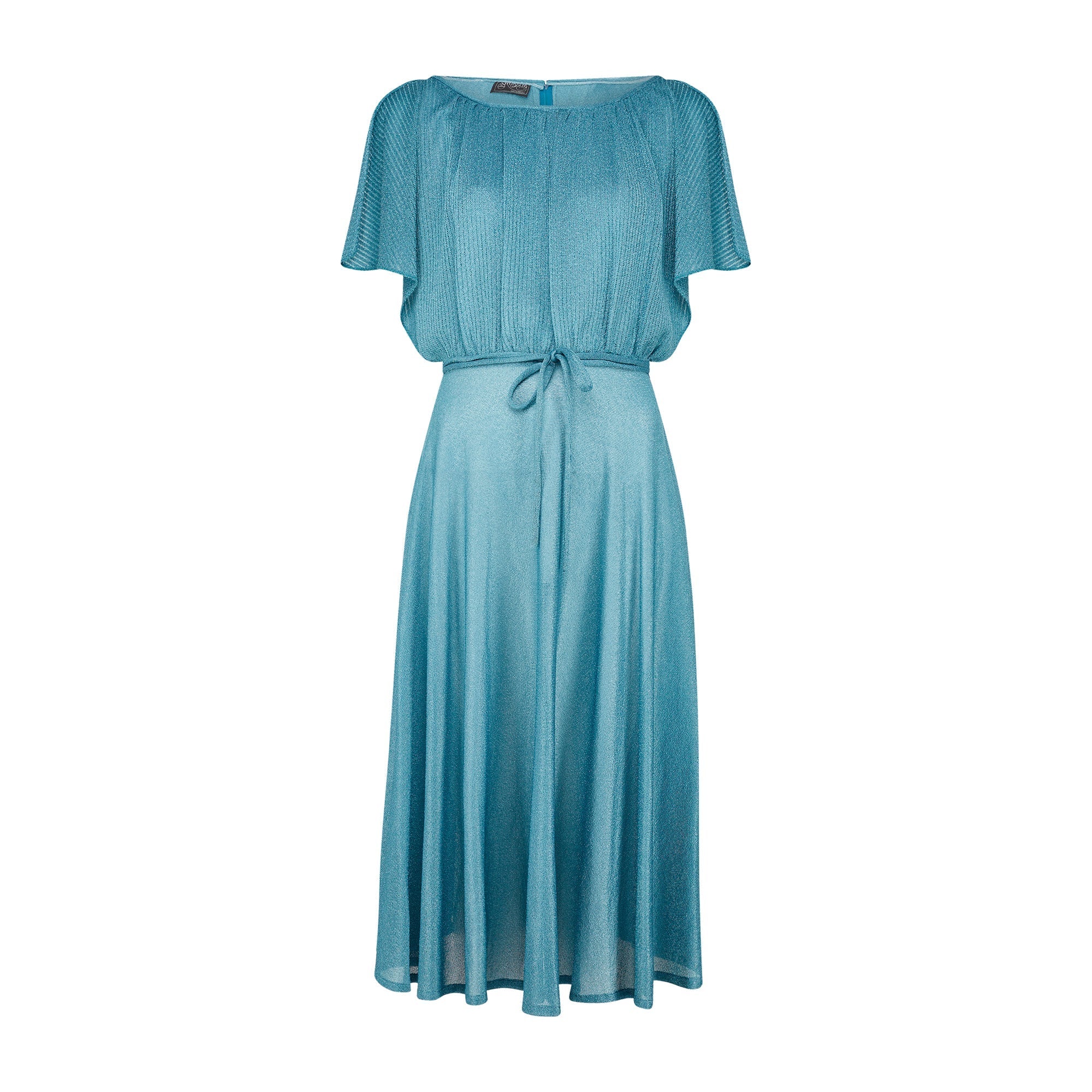 1970s Shubette Teal Angel-Sleeve Knitted Jersey Dress