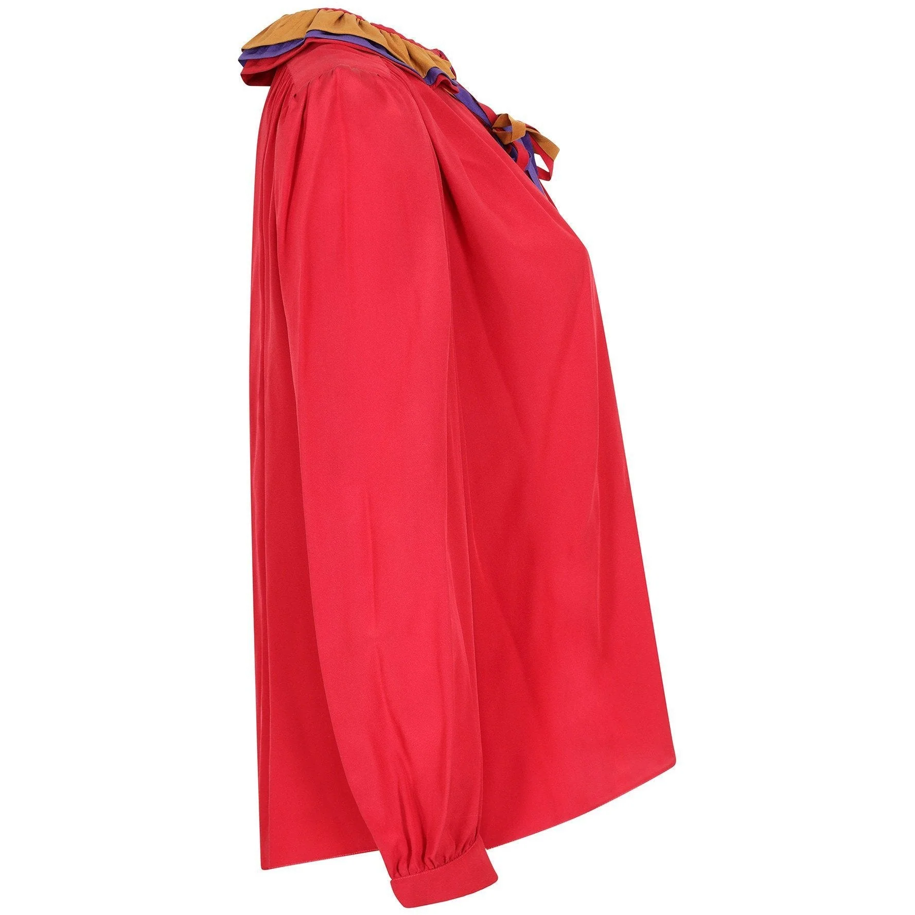 1970s Ted Lapidus Silk Red Blouse with Ruffle Collar - Image 2