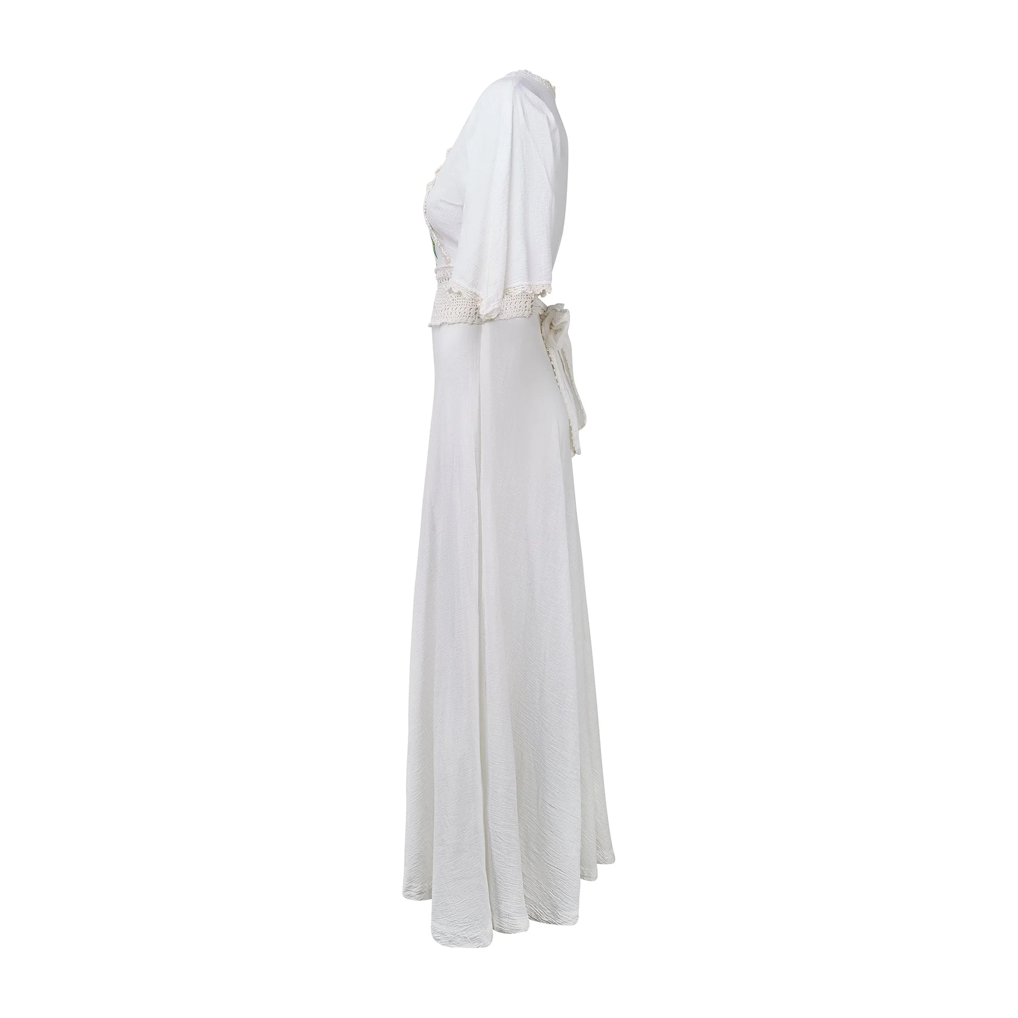 1970s White Cheesecloth and Crochet Dress with Cross Stitch Applique - Image 6