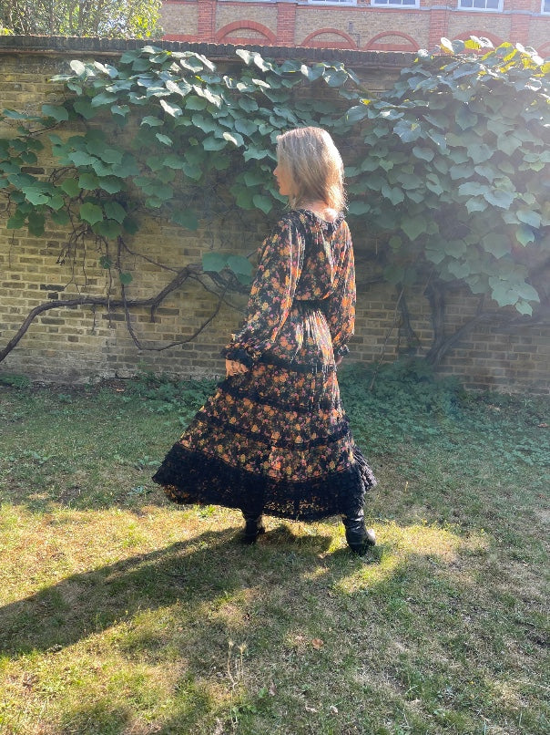 1978 Runway Documented Valentino Floral Black Silk Maxi Dress - Image 16