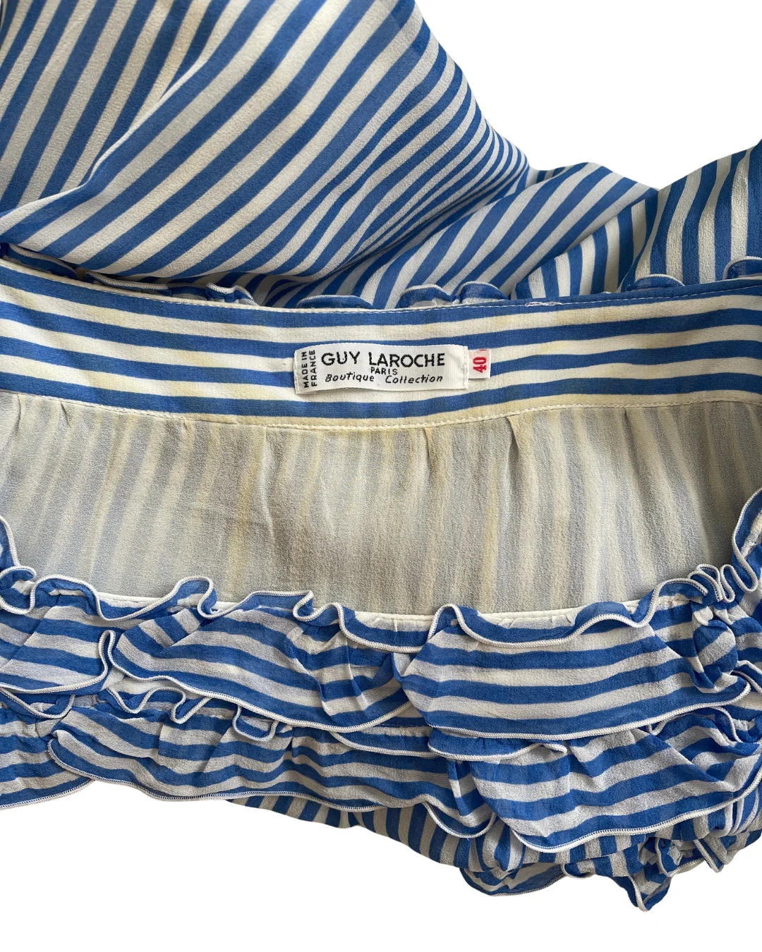 1980s Guy Laroche Blue and White Striped Silk Chiffon Dress - Image 40