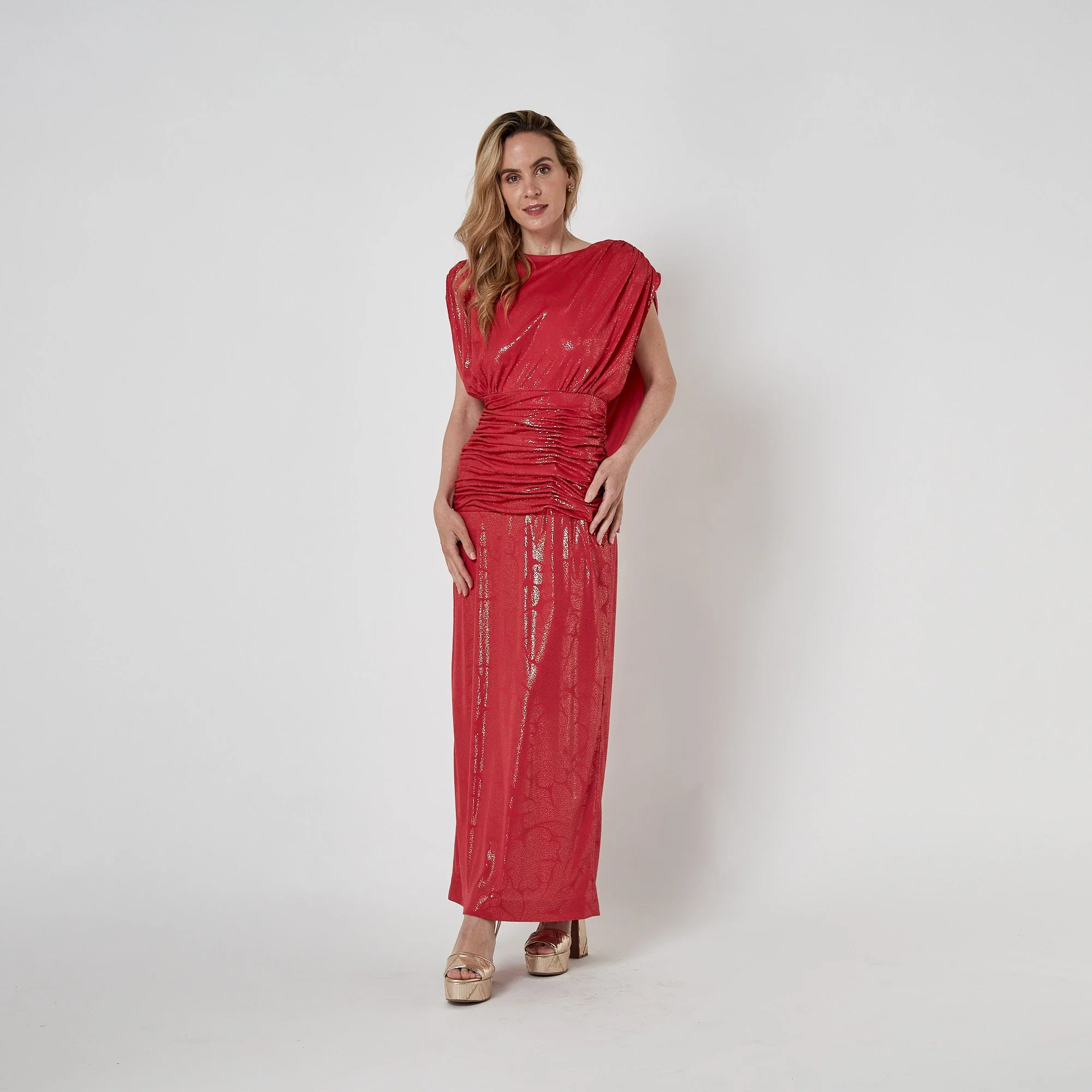 1980s John Charles Red Gold Lame Maxi Dress with Ruched Waist - Image 6