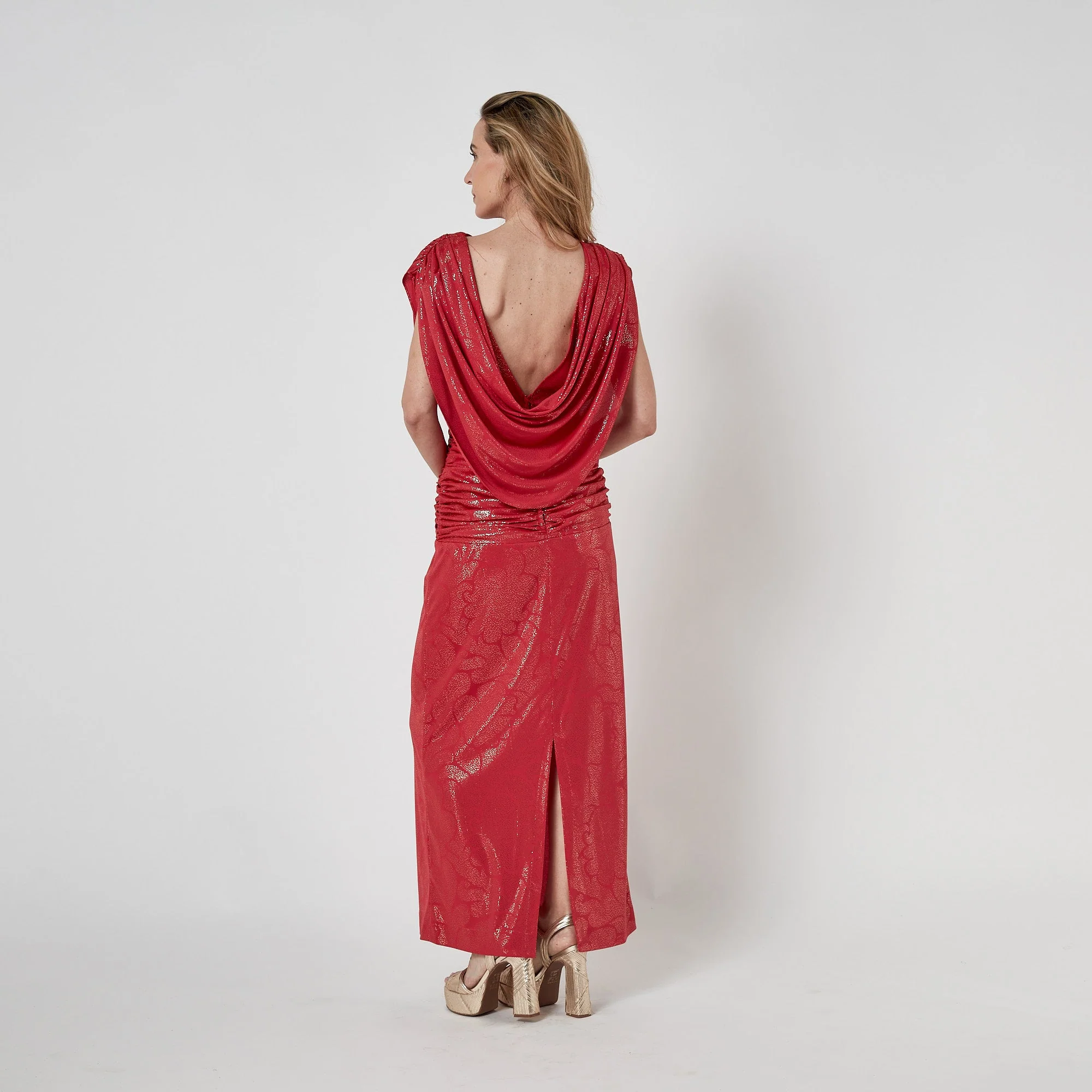 1980s John Charles Red Gold Lame Maxi Dress with Ruched Waist - Image 8