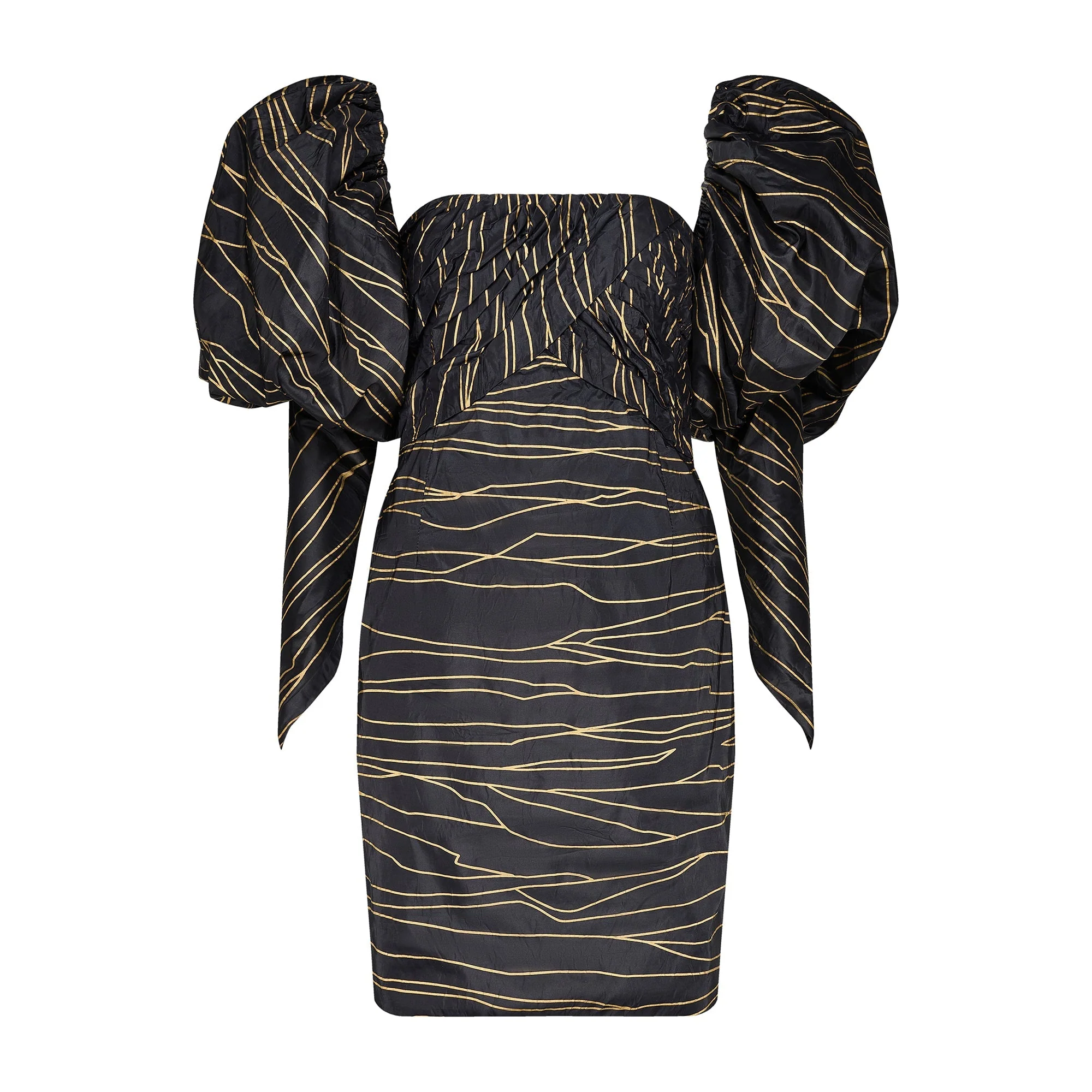 1986 Runway Chanel Gold Black Silk Dress with Detachable Puff Sleeves - Image 35