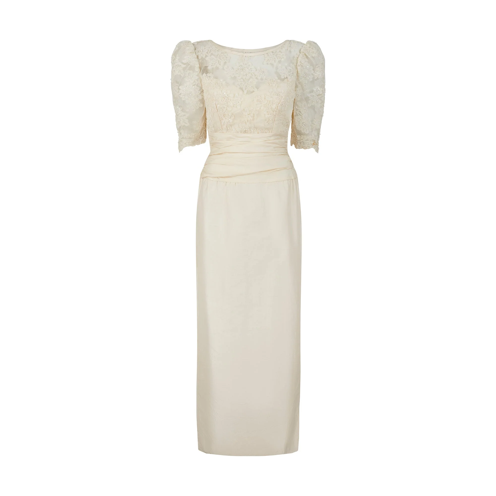 1990s Alfred Angelo Off White Raw Silk Dress with Tulle Bodice