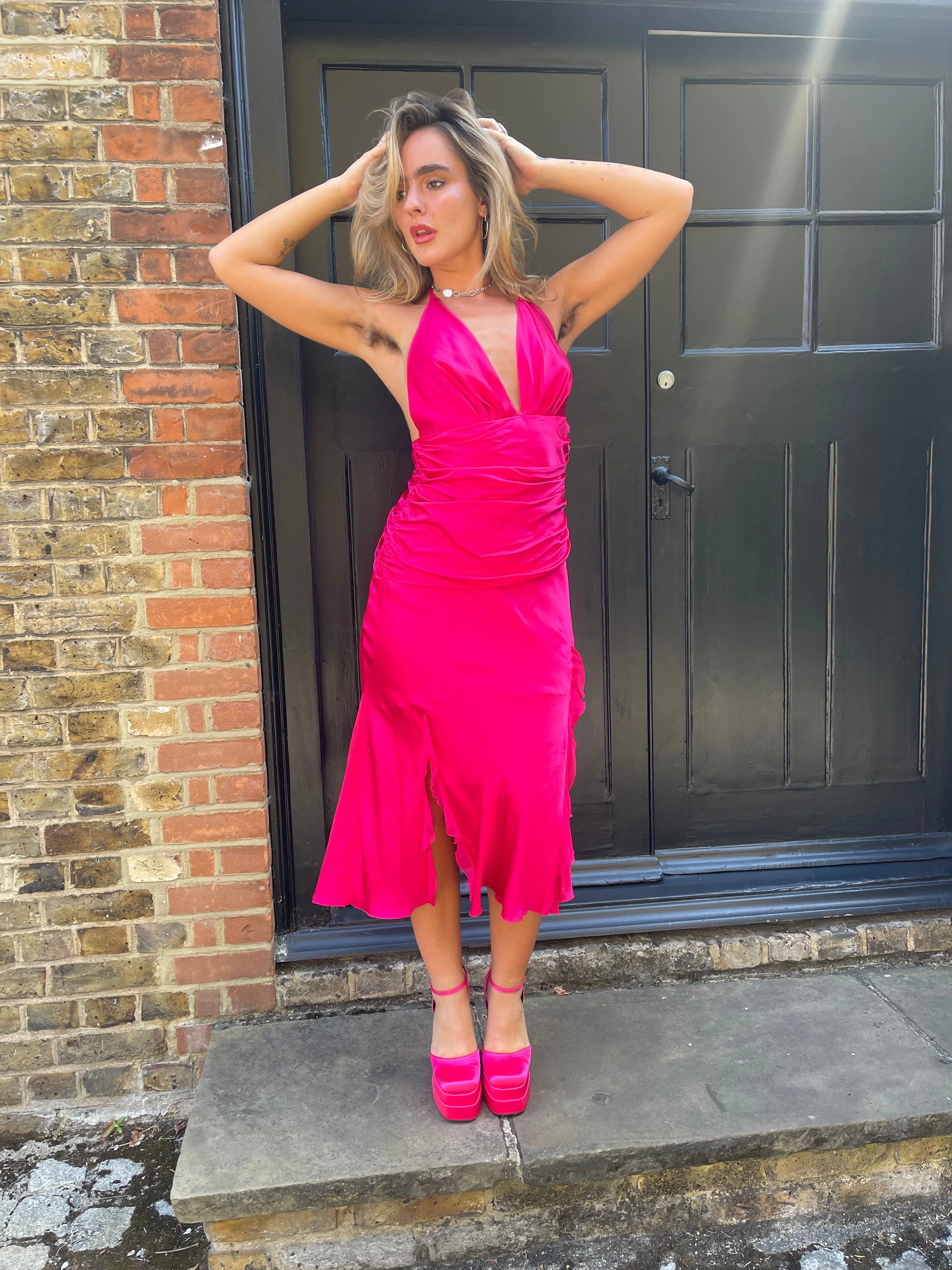 1990s Fuchsia Silk Halter-Neck Midi Dress - Image 6