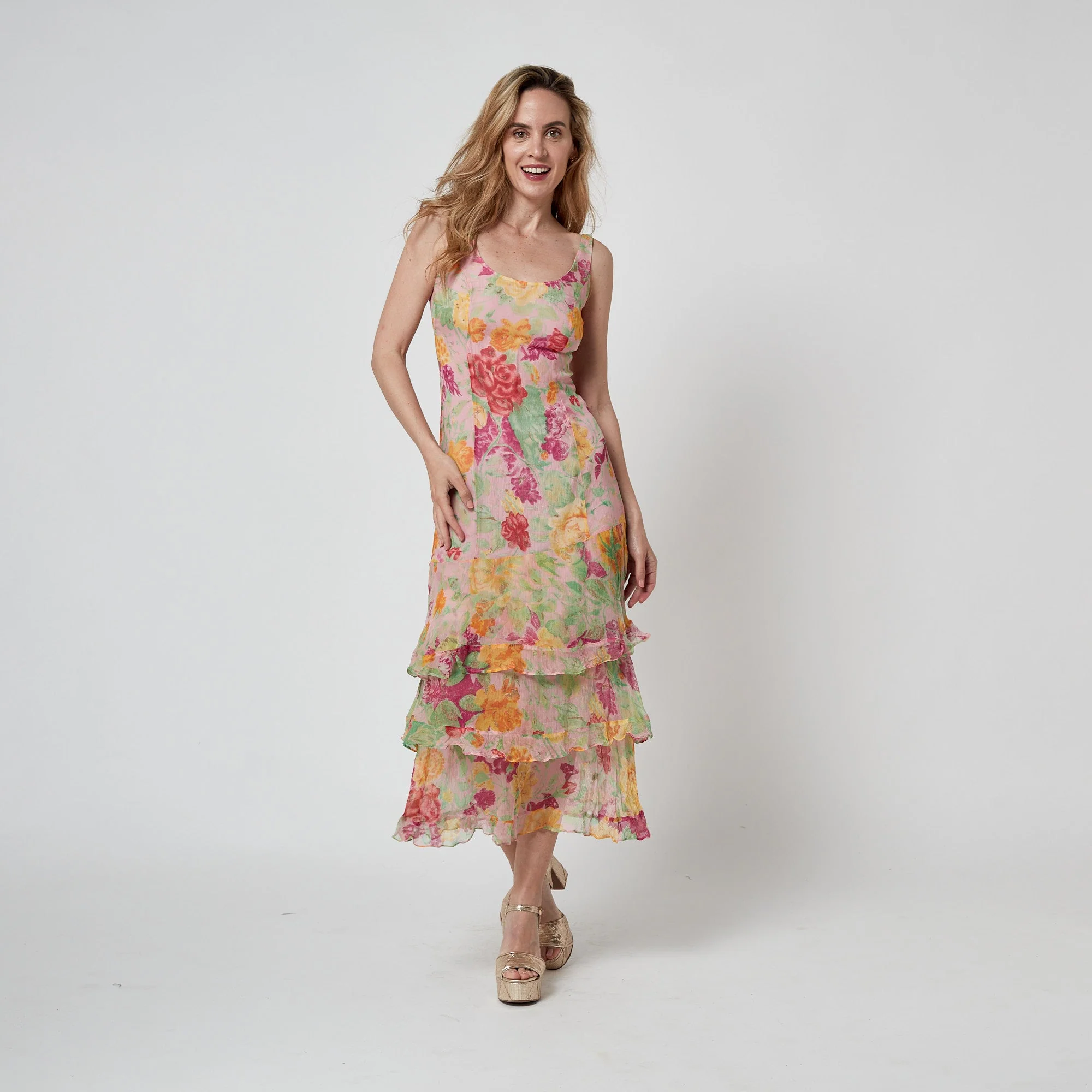 2000 Runway Documented Kenzo Floral Silk Crepe Ruffle Hem Dress - Image 5