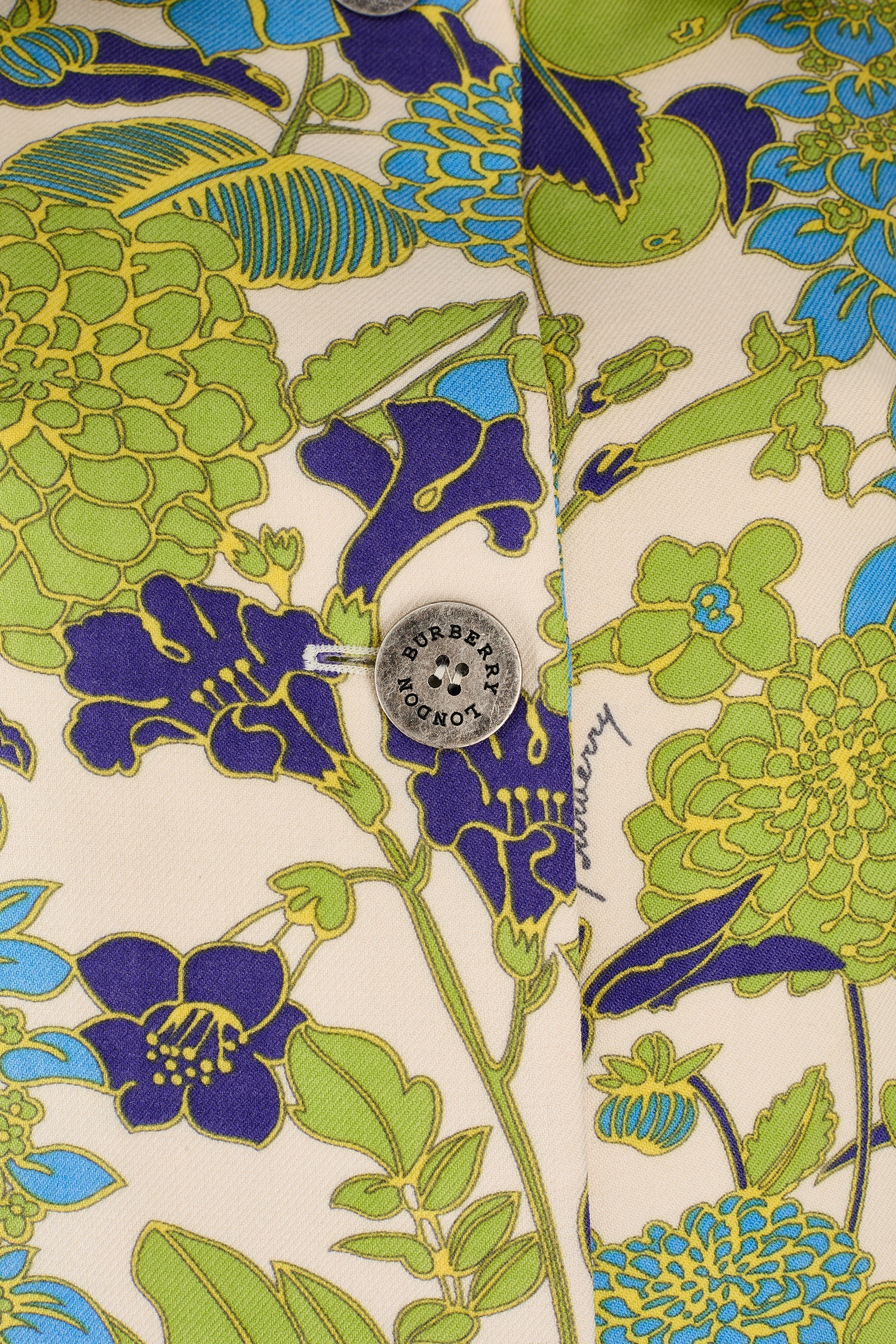 2003 Burberry Green Blue Yellow Floral Wool Coat - Image 4