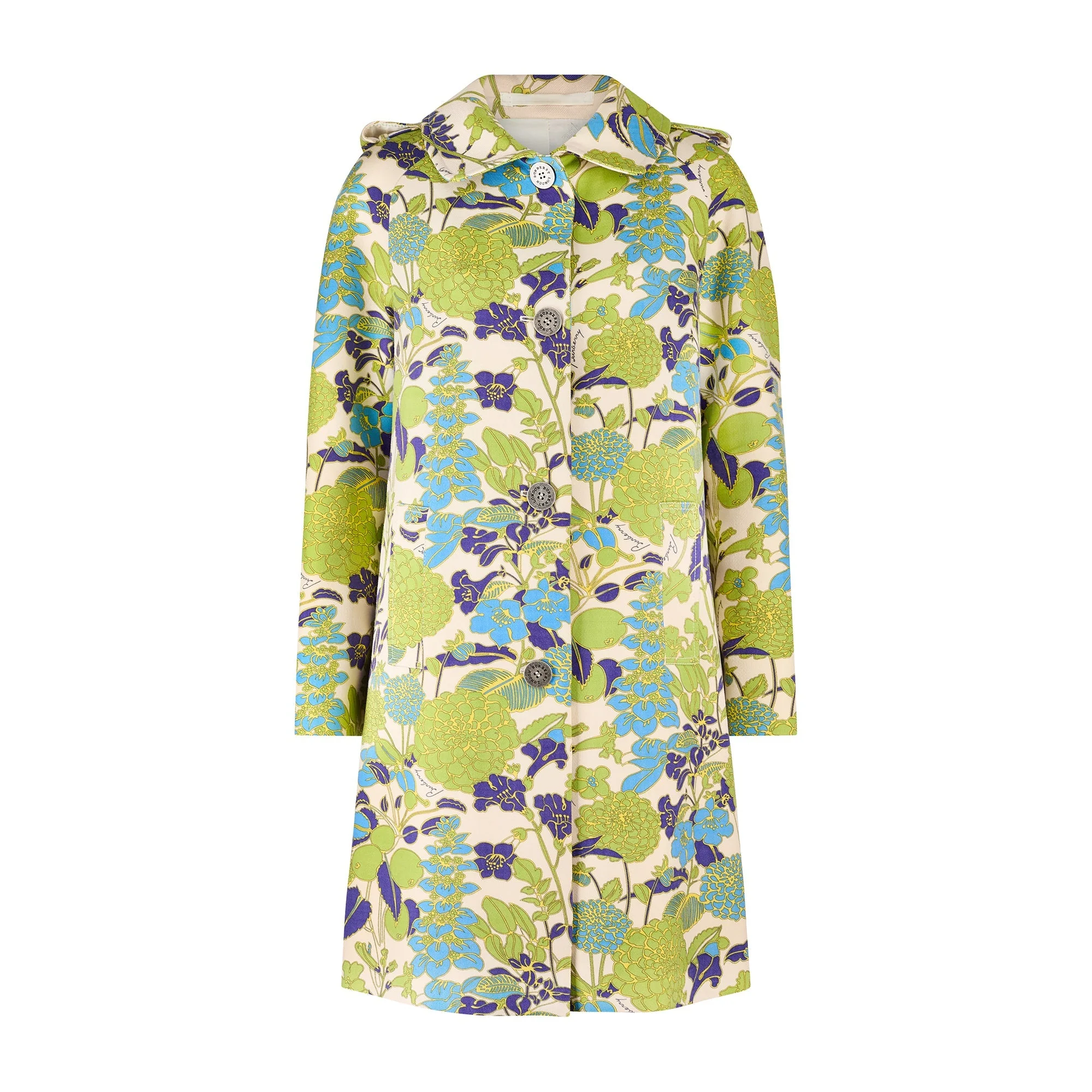 2003 Burberry Green Blue Yellow Floral Wool Coat - Image 7