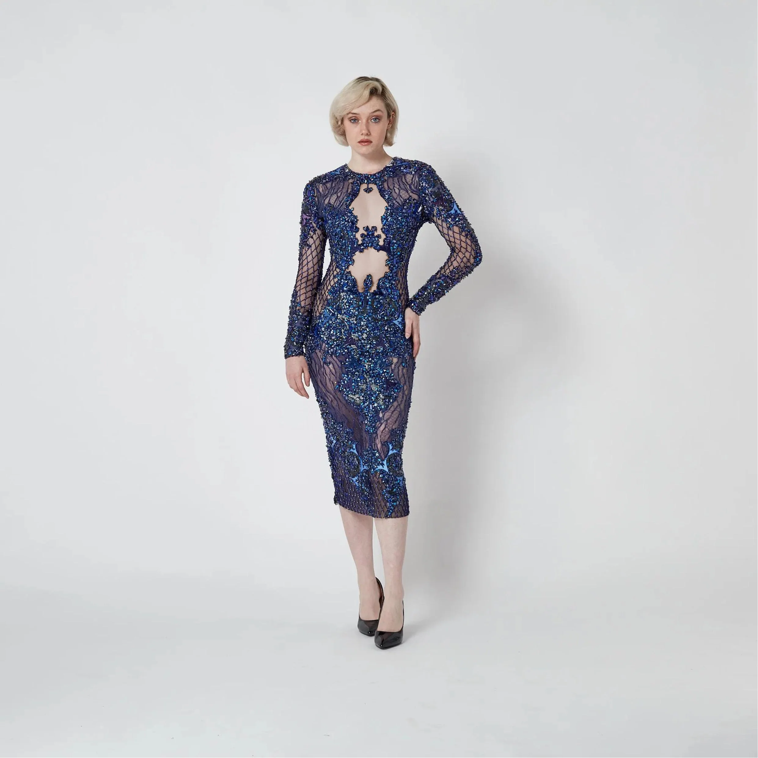 2014 Julien Macdonald Runway Blue Sequin Beaded Dress - Image 9
