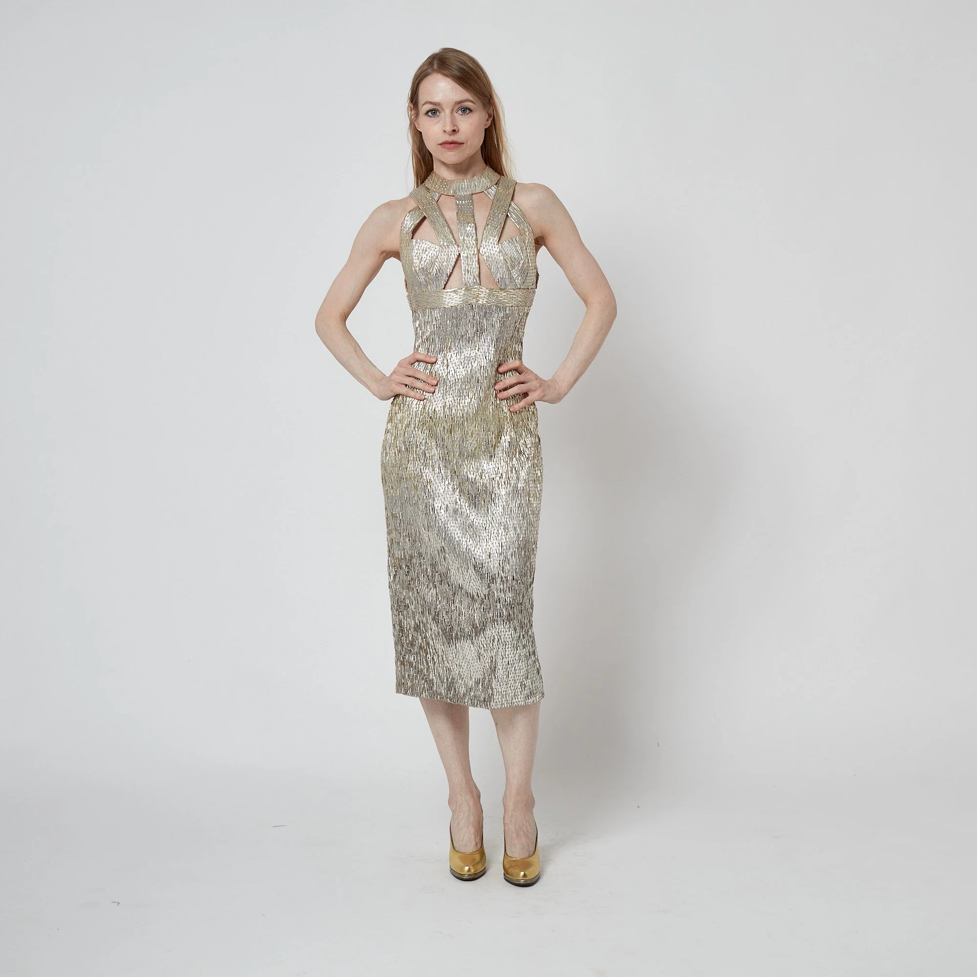 2016 Julien MacDonald Runway Champagne Paillette Cage Bodycon Dress - Image 5