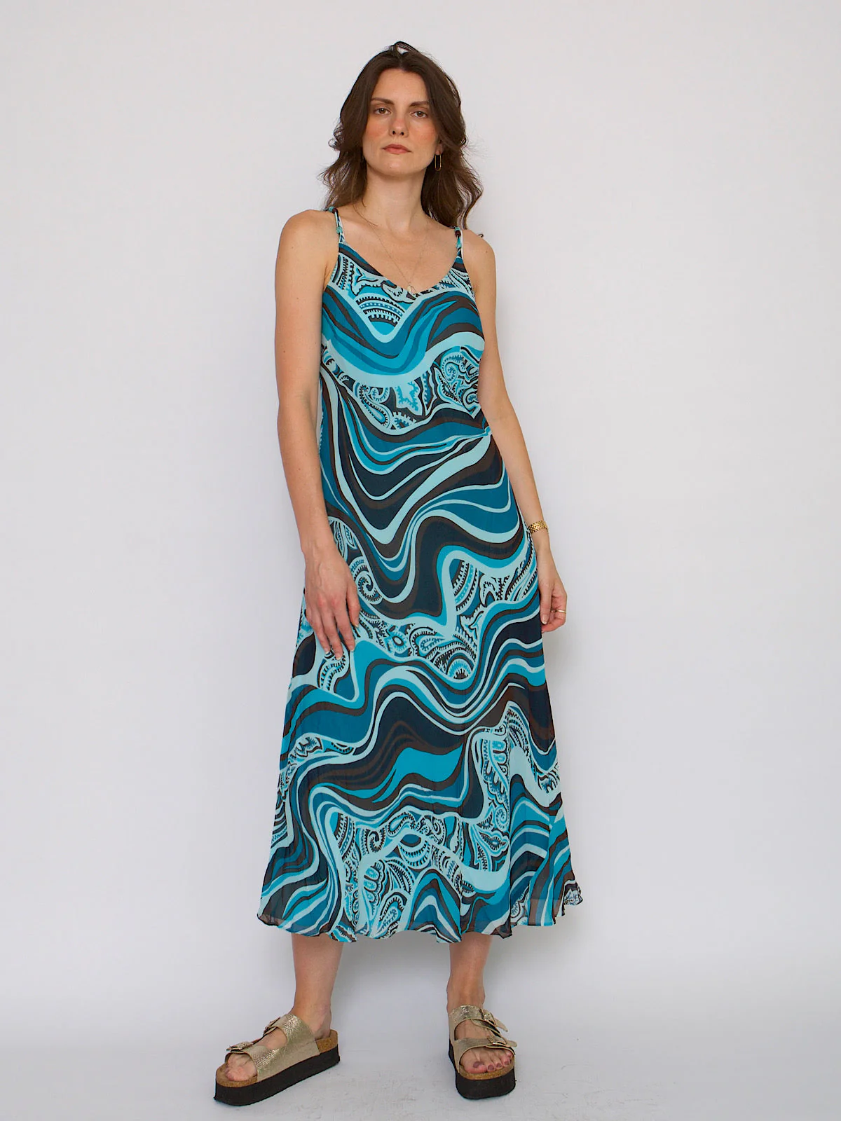 90s silk chiffon slip dress abstract blue print - Image 15