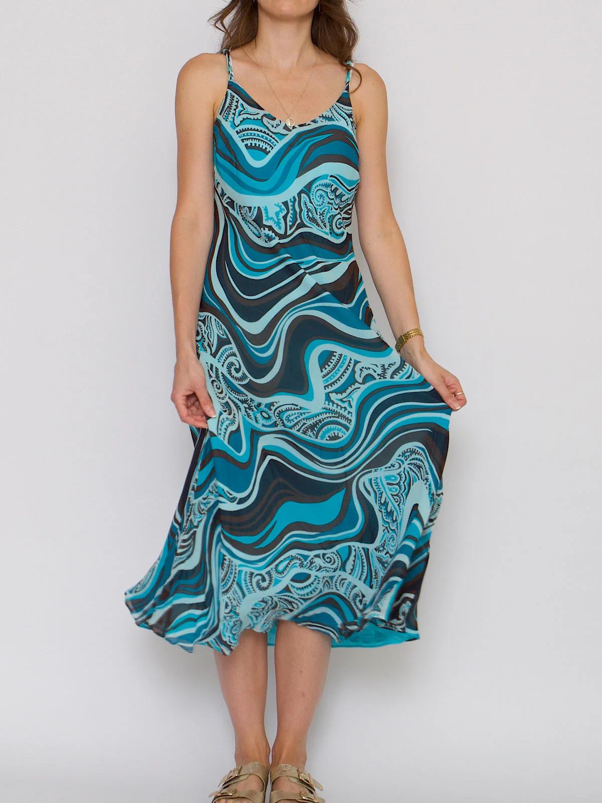 90s silk chiffon slip dress abstract blue print - Image 18