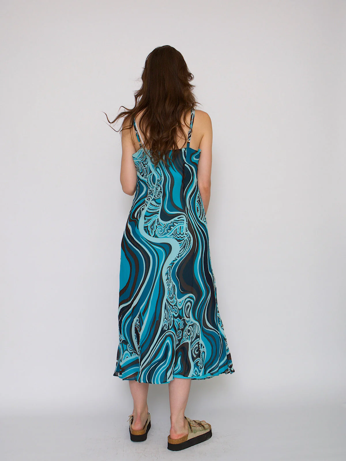 90s silk chiffon slip dress abstract blue print - Image 4