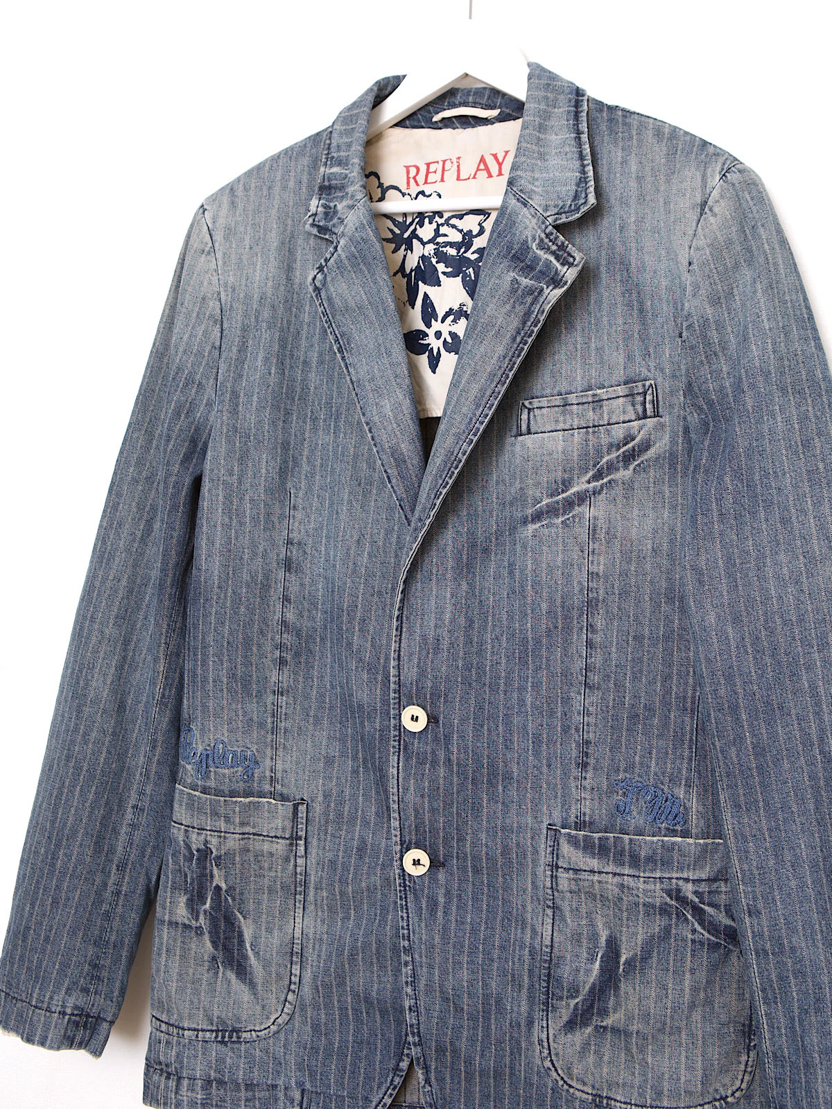 90S VINTAGE REPLAY DENIM BLAZER PINSTRIPE DISTRESSED - Image 3
