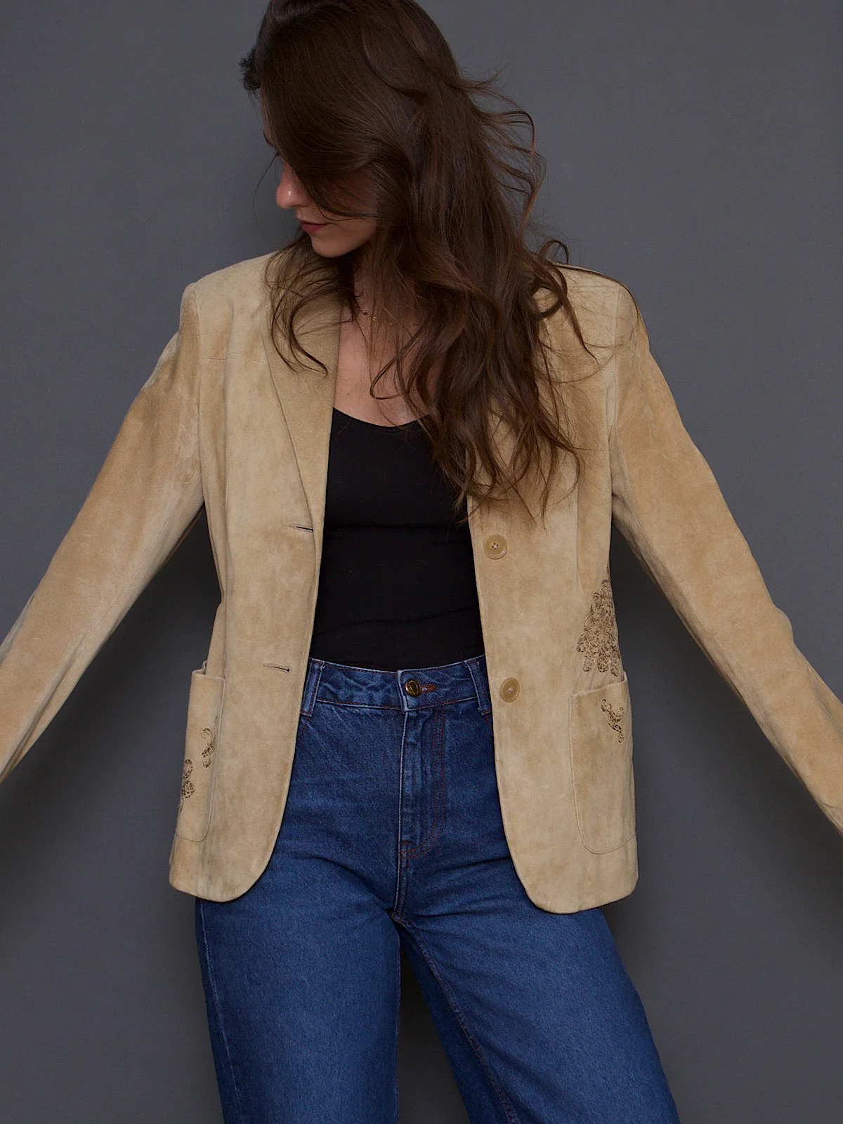 90S VINTAGE SUEDE FITTED JACKET EMBROIDERED - Image 15