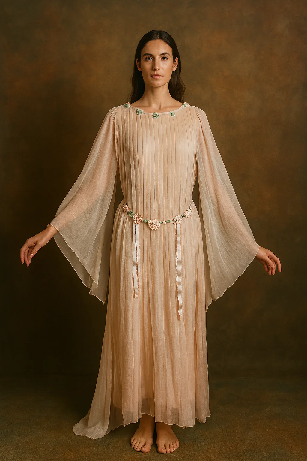Adan, 30s blush pink silk chiffon angel sleeve pleated dress with florals and a ribbon tie - Image 2