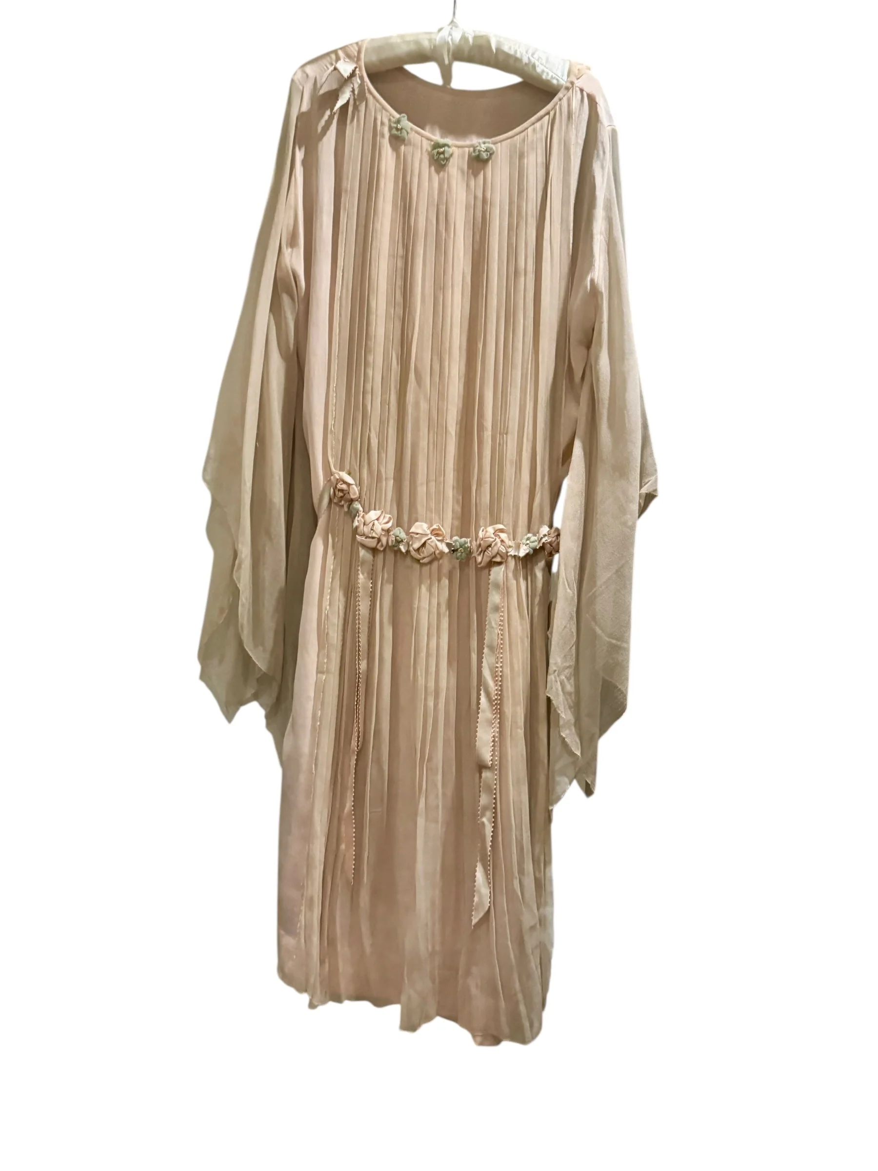 Adan, 30s blush pink silk chiffon angel sleeve pleated dress with florals and a ribbon tie - Image 5