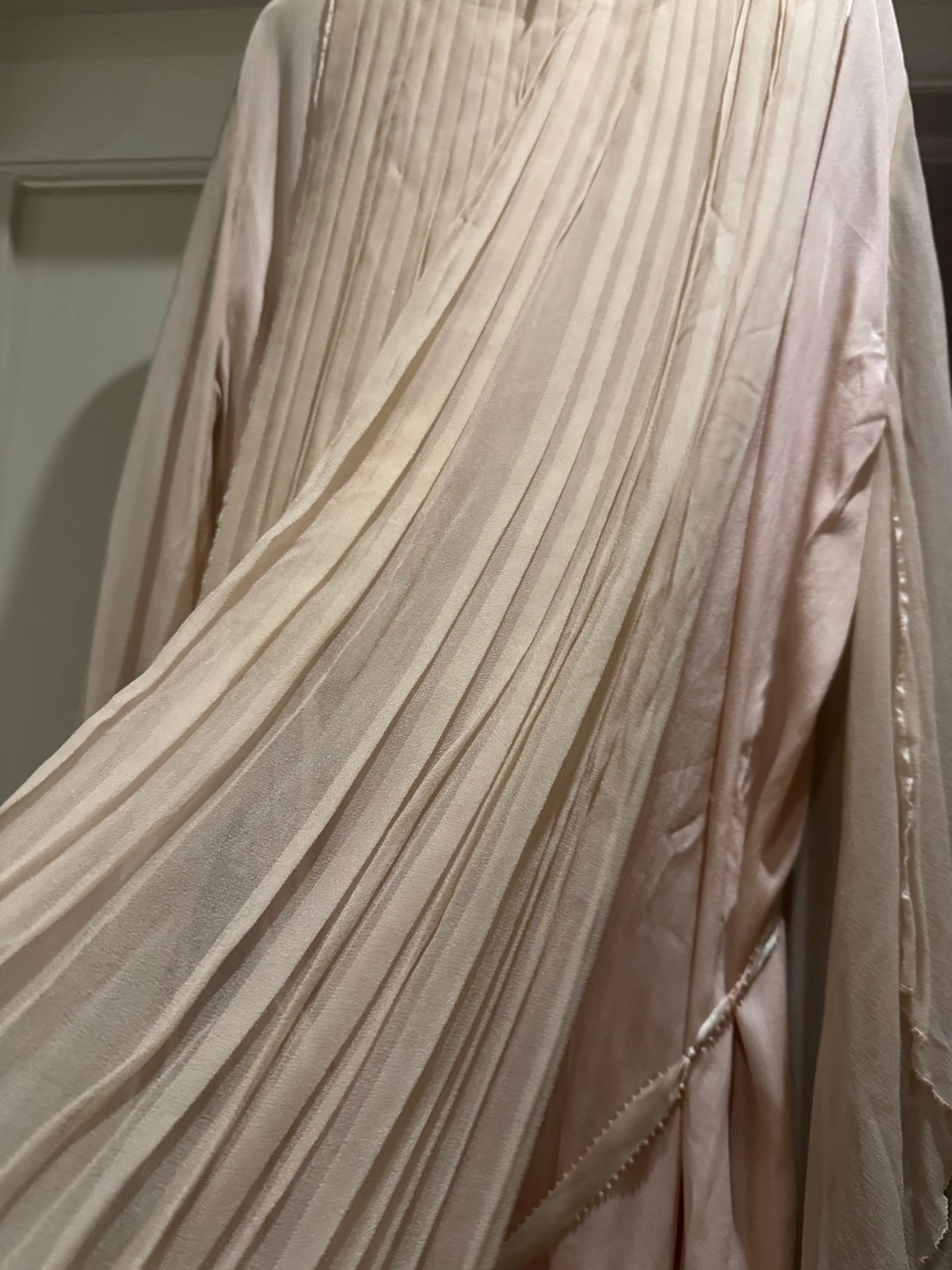 Adan, 30s blush pink silk chiffon angel sleeve pleated dress with florals and a ribbon tie - Image 7