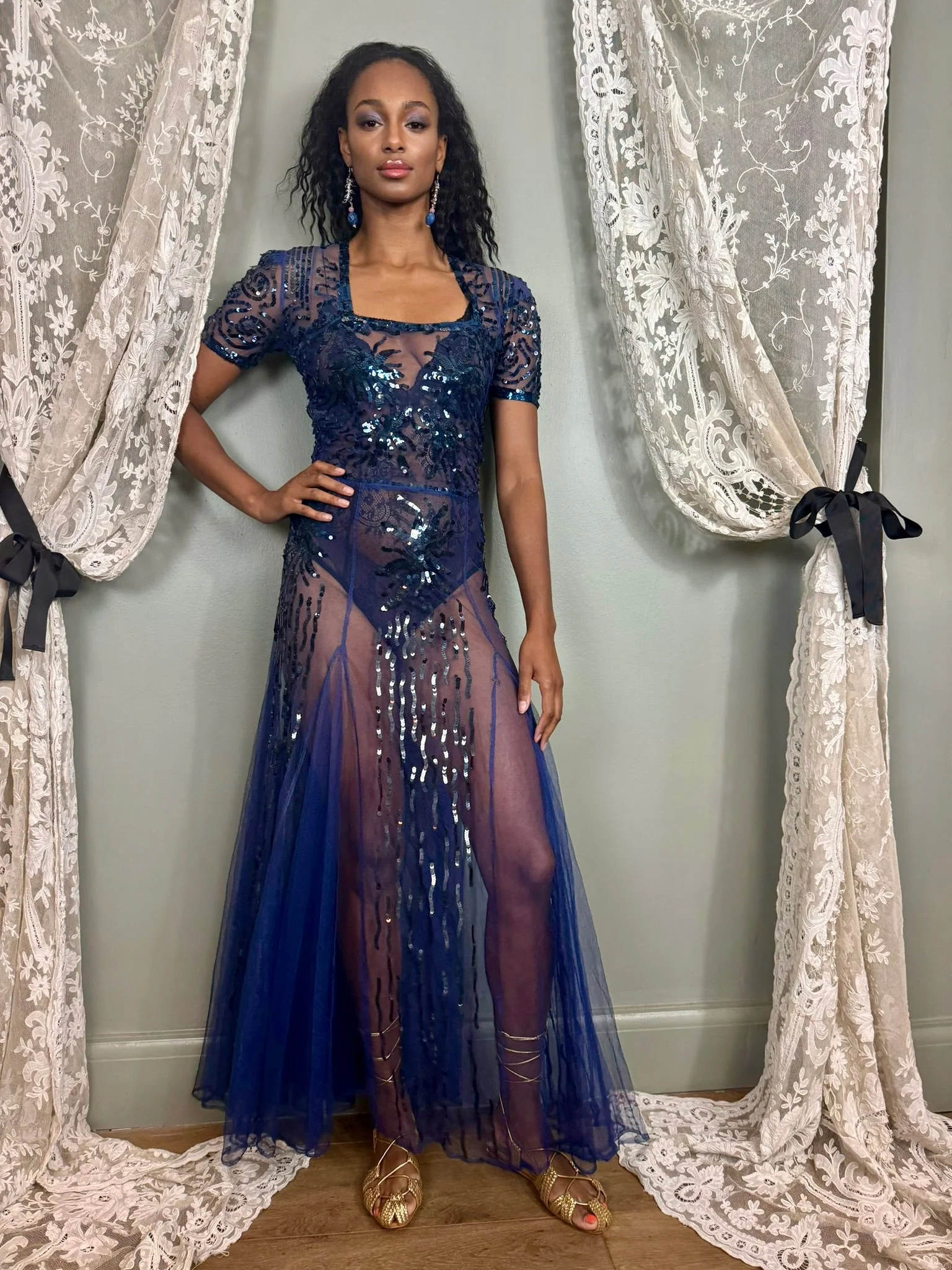 Aura, 30s midnight blue net and sequins gown - Image 15