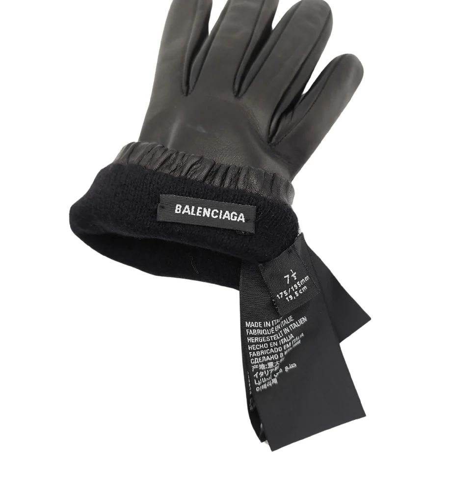 BALENCIAGA BLACK LEATHER LOGO GLOVES - Image 7