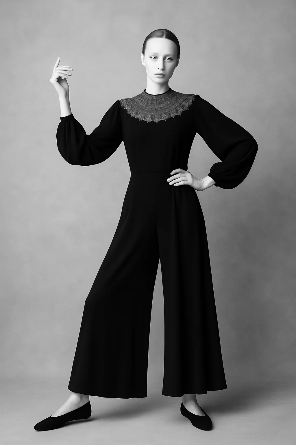Beluga, reworked 30s black crepe and rhinestone jumpsuit with balloon sleeves - Image 3