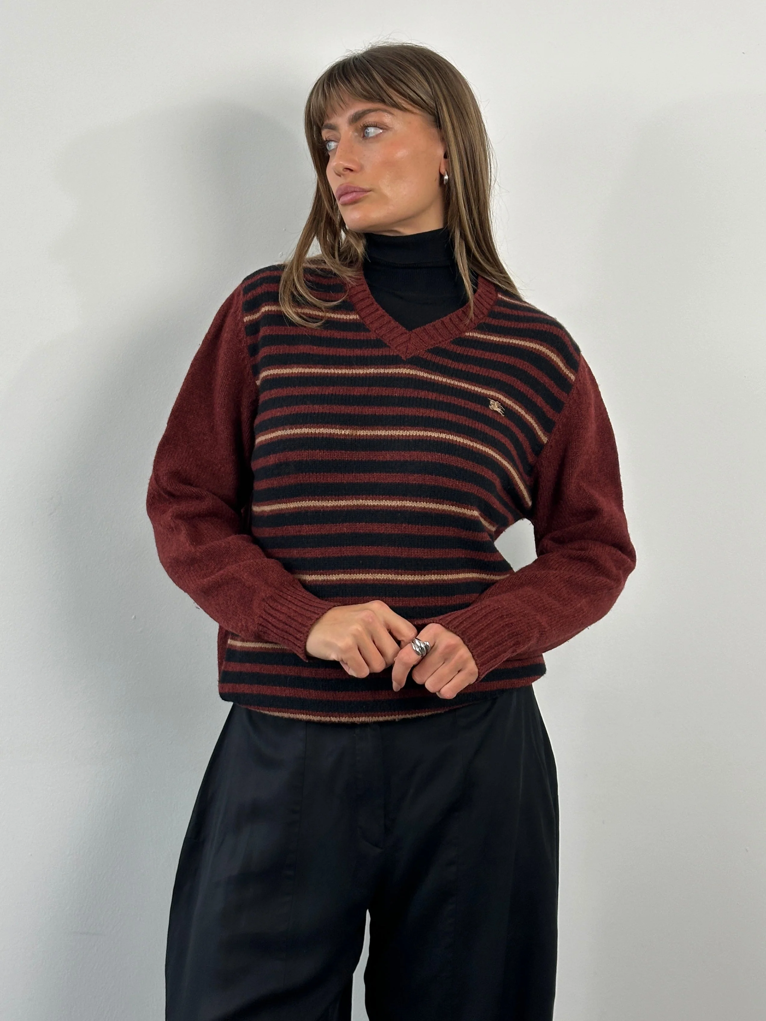 Burberry London 2000s Lambswool V Neck Striped Jumper - M/L - Image 19