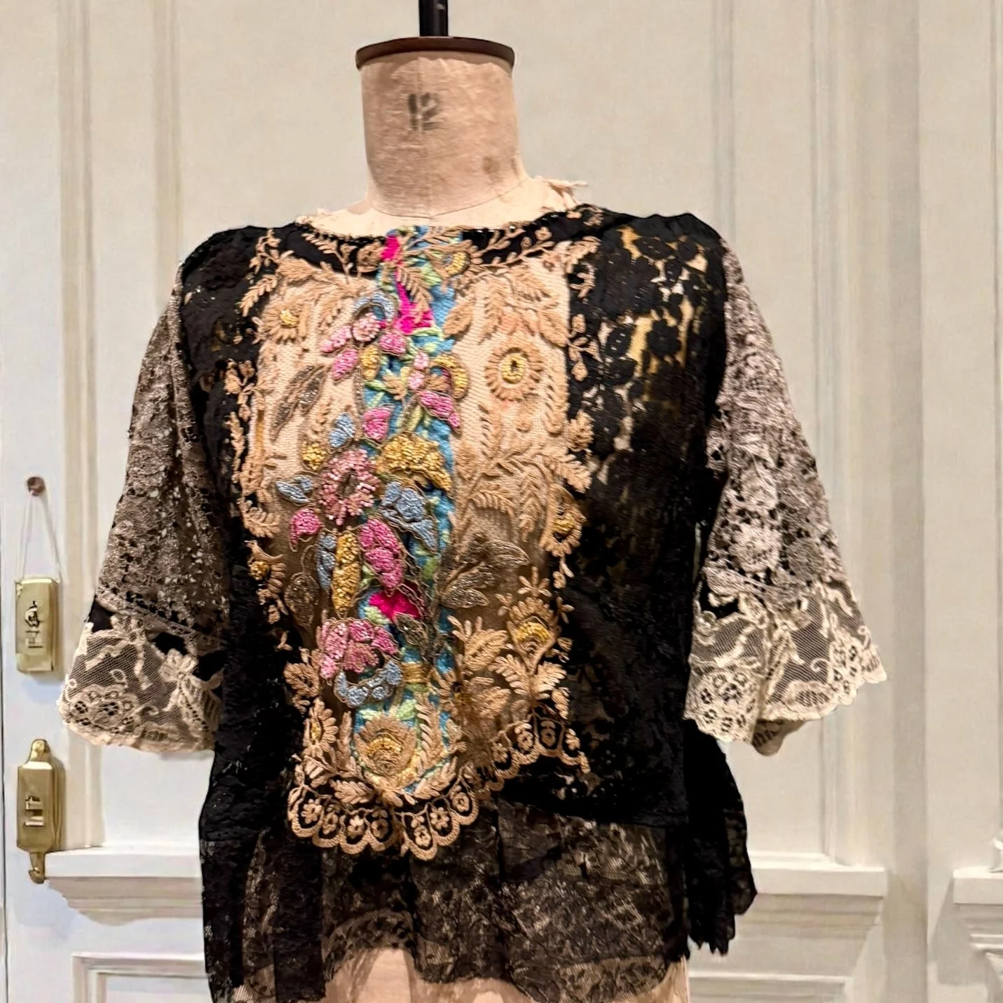 Calli, reworked 20s black lace and silver lamé top with 20s floral beading - Image 8