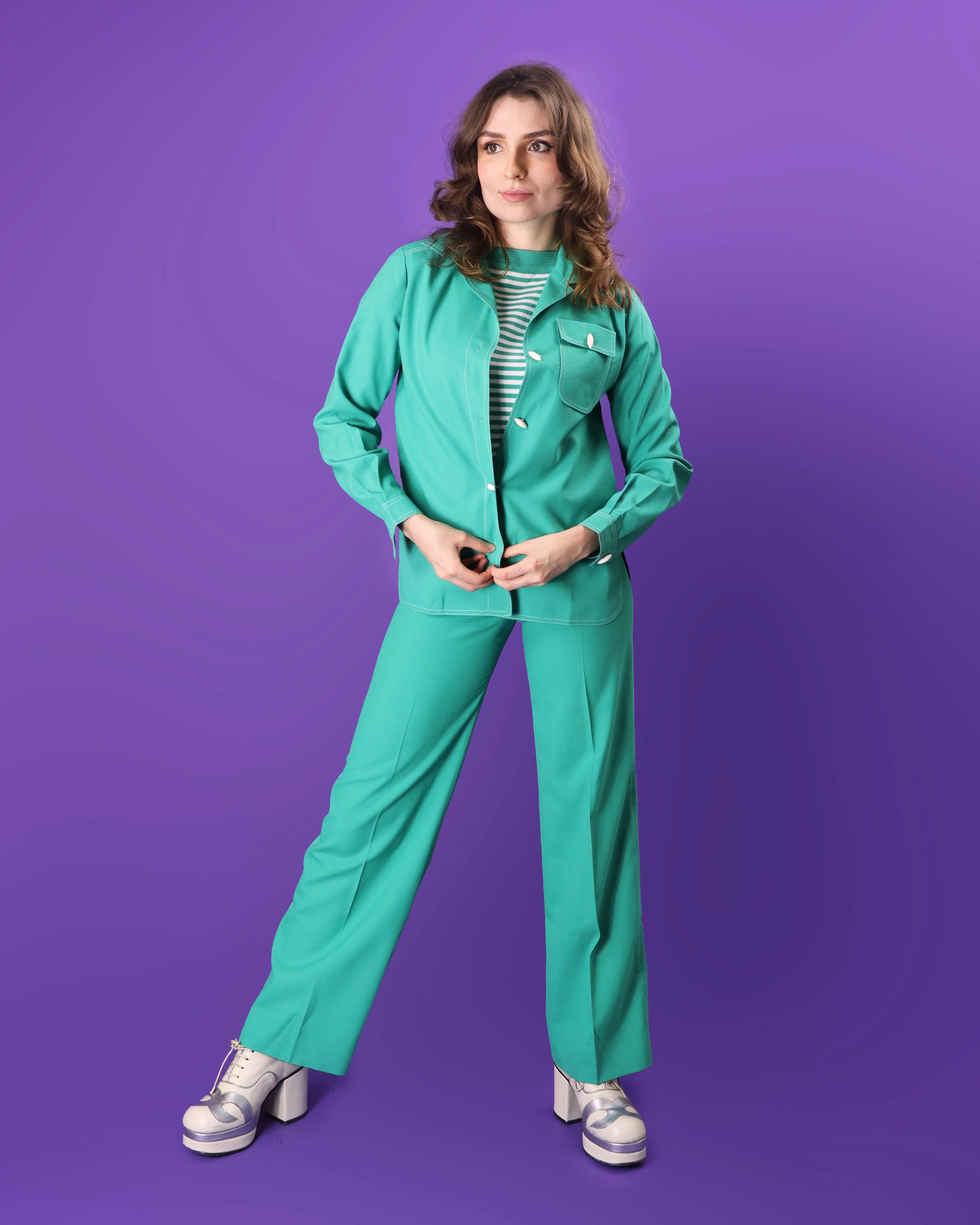 DEADSTOCK Vintage 1970s Jade Green 4 Piece Jaeger Leisure Suit Skirt Flares Set - Image 135