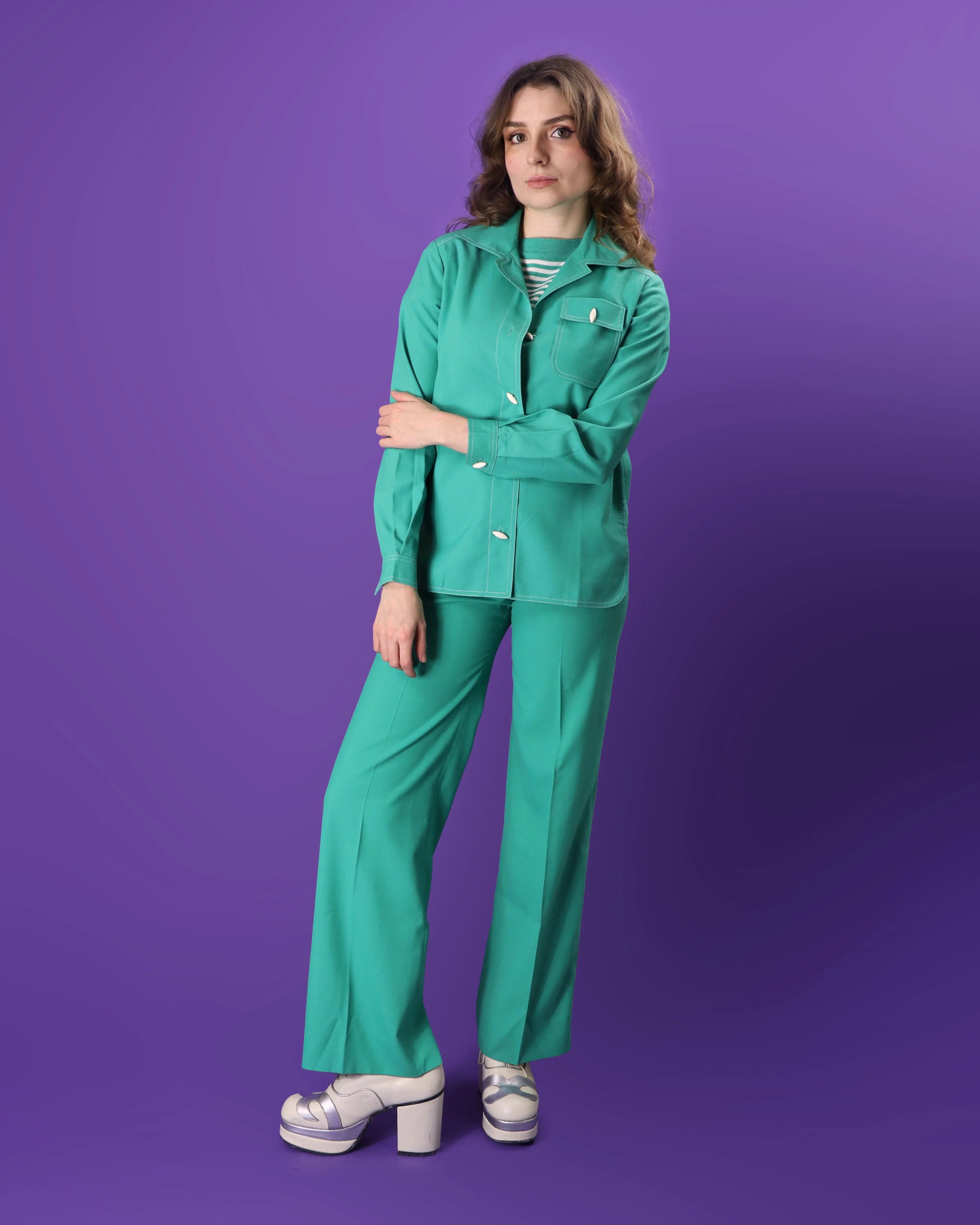 DEADSTOCK Vintage 1970s Jade Green 4 Piece Jaeger Leisure Suit Skirt Flares Set - Image 220