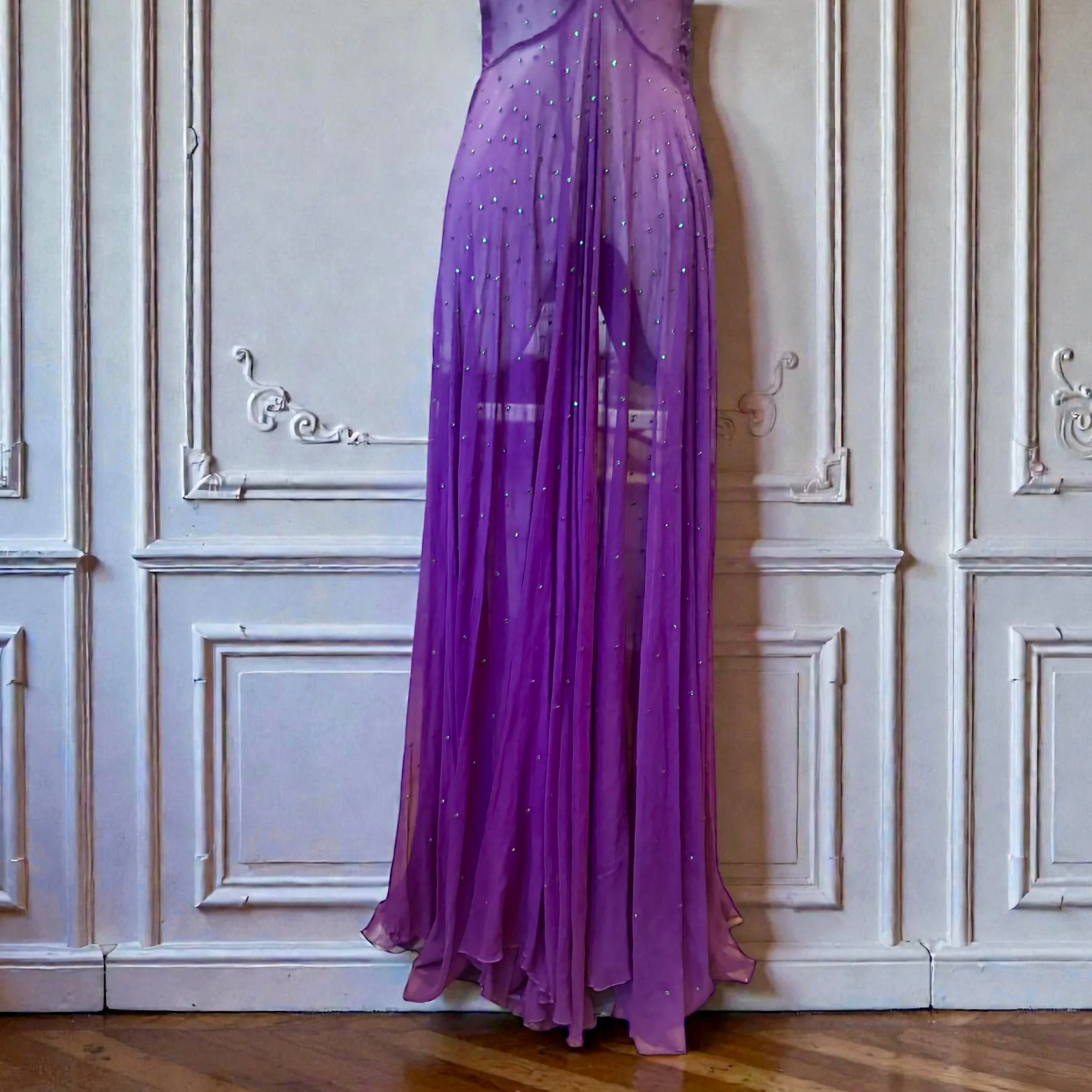 Dusty, 30s purple chiffon dress with green rhinestone and beaded front - Image 11