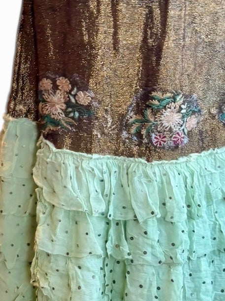 Eris, reworked 20s gold lamé and lace caped dress with pale green chiffon sequins frill fishtail - Image 13