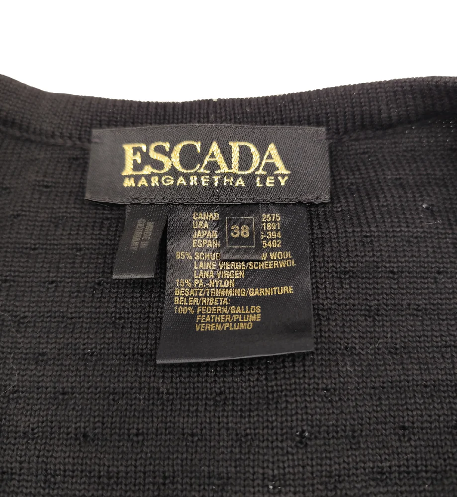 ESCADA SHINY BLACK LONG CARDIGAN WITH REMOVABLE FEATHERS SLEEVE CUFFS - Image 9