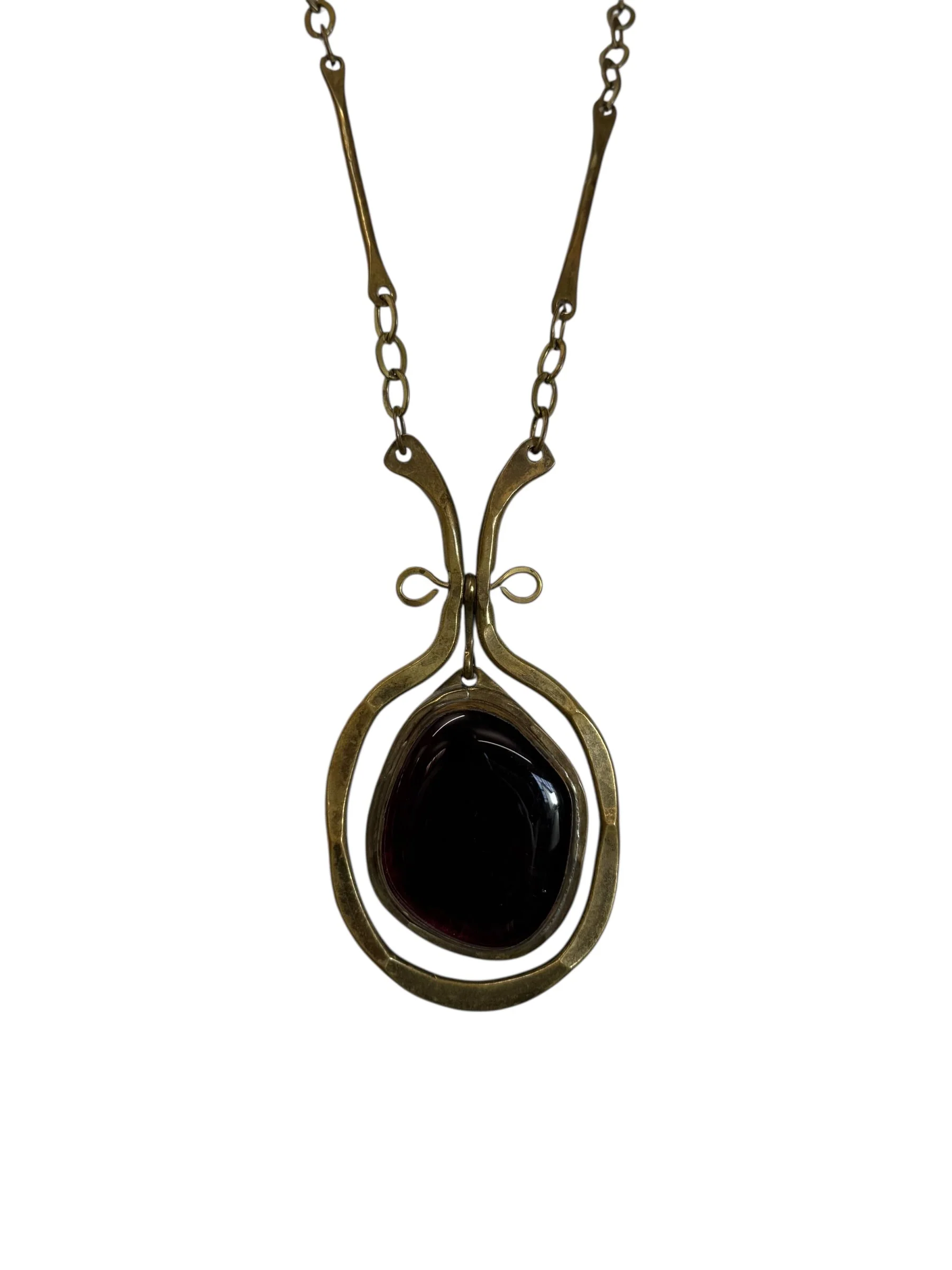 Felix, 70s modernist handmade brads chain and sculpted amber glass drop necklace - Image 11