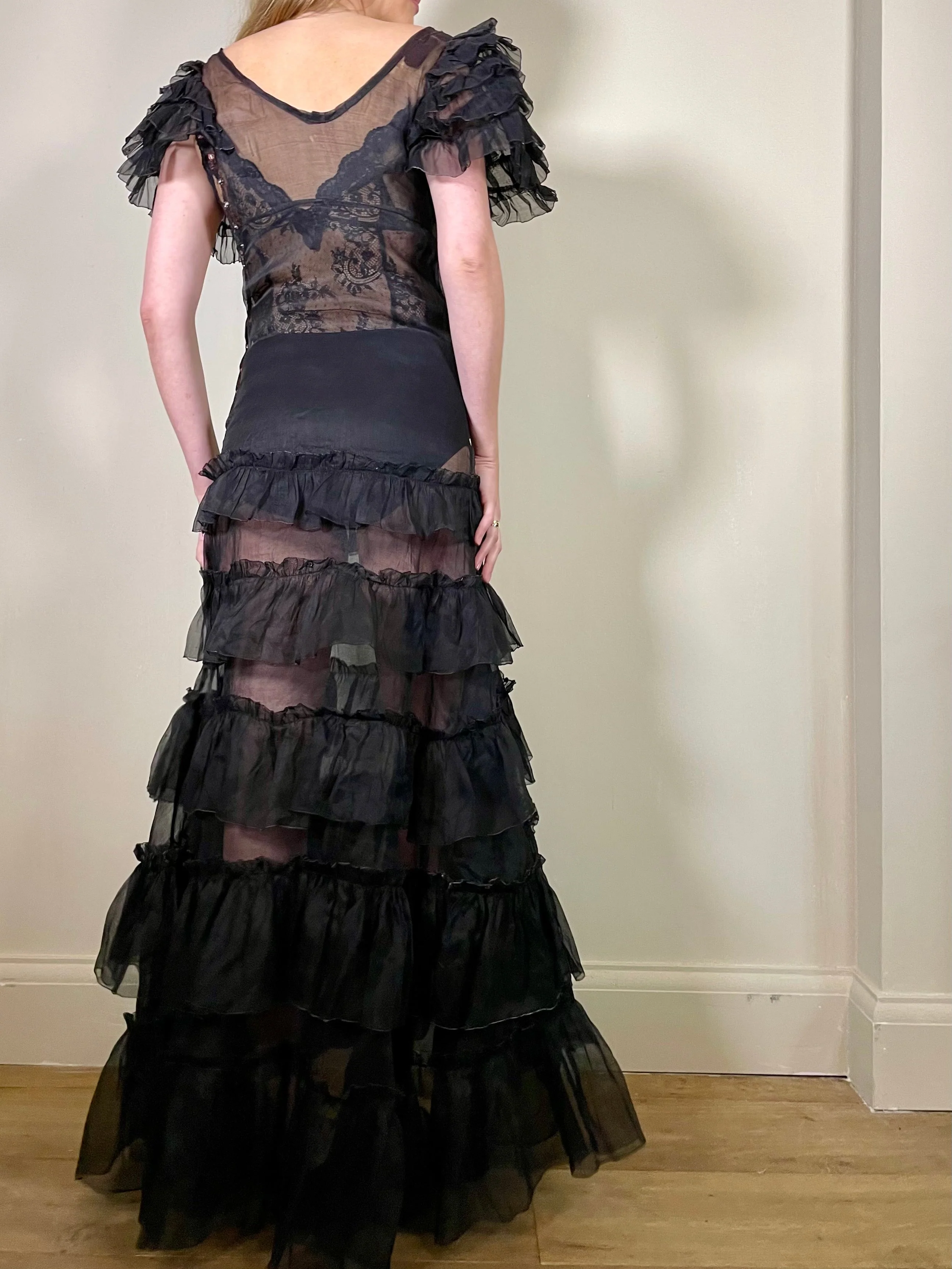 Hana, 30s black organza tiered dress - Image 9
