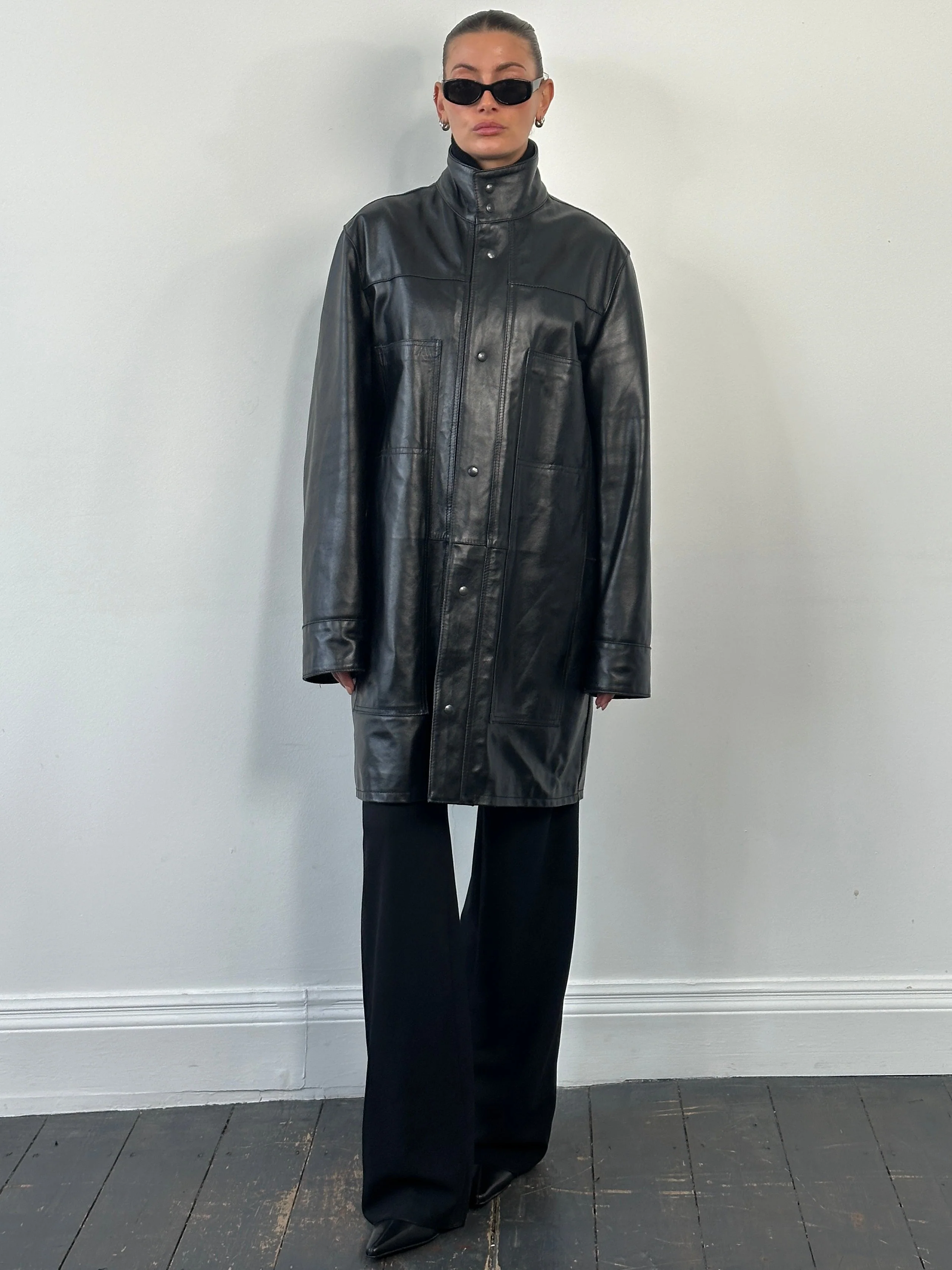 Italian Vintage 1990s Funnel Neck Leather Trench Coat - XL - Image 22