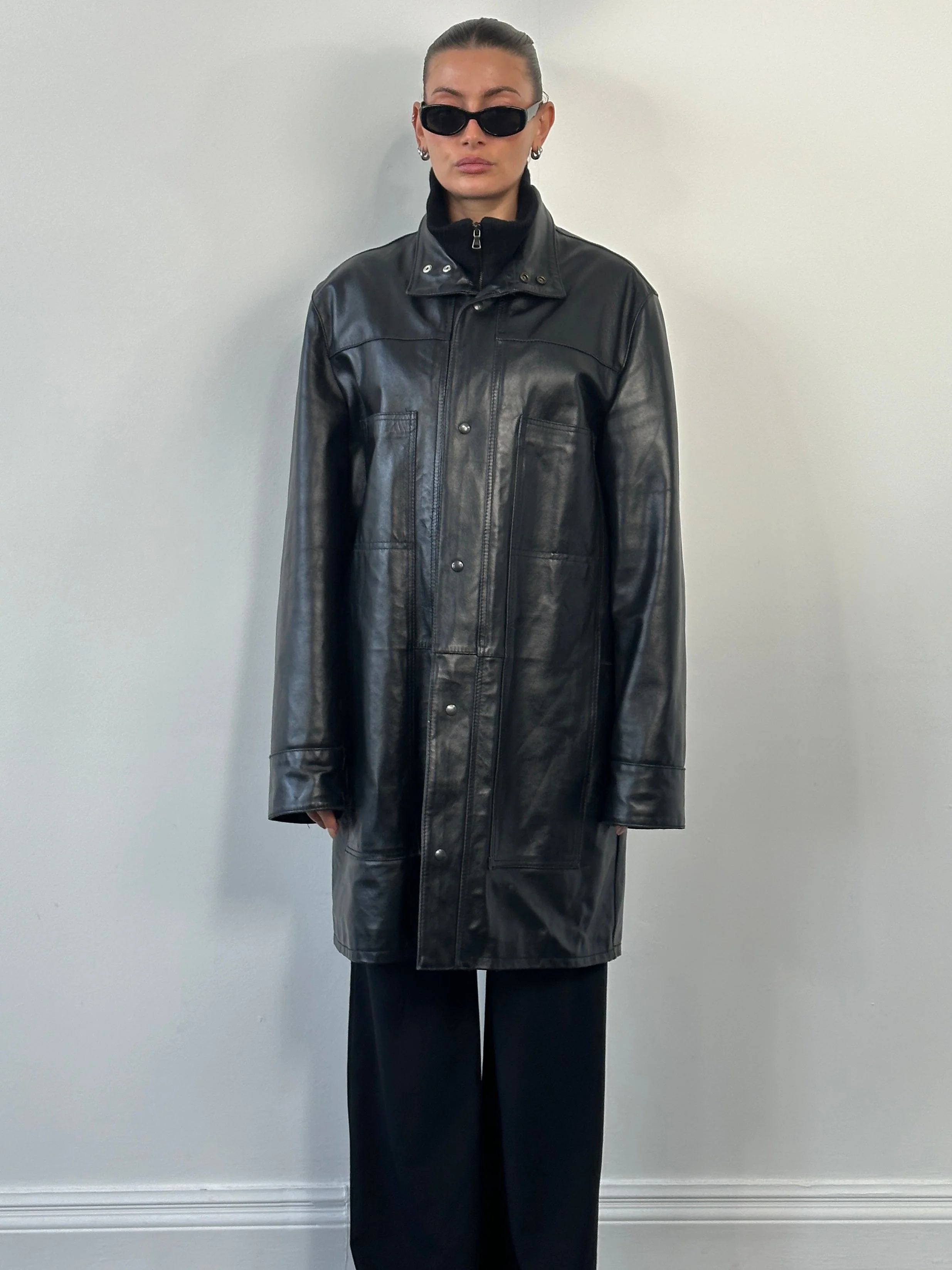 Italian Vintage 1990s Funnel Neck Leather Trench Coat - XL - Image 3