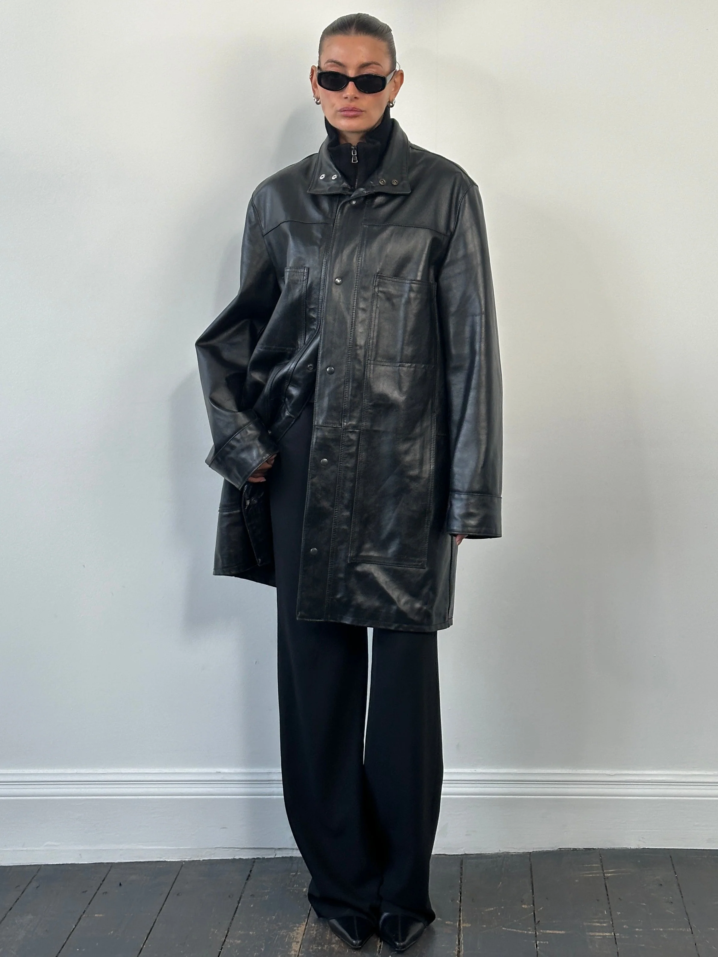 Italian Vintage 1990s Funnel Neck Leather Trench Coat - XL - Image 32