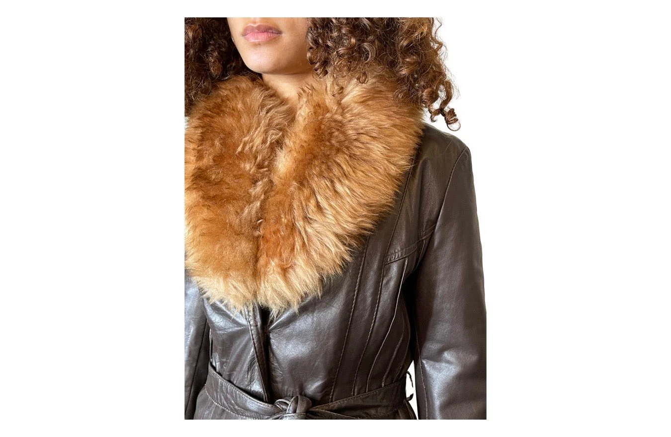 Lovely Original 1970's Vintage Brown Leather & Sheepskin Coat UK 8 - 12 - Image 7